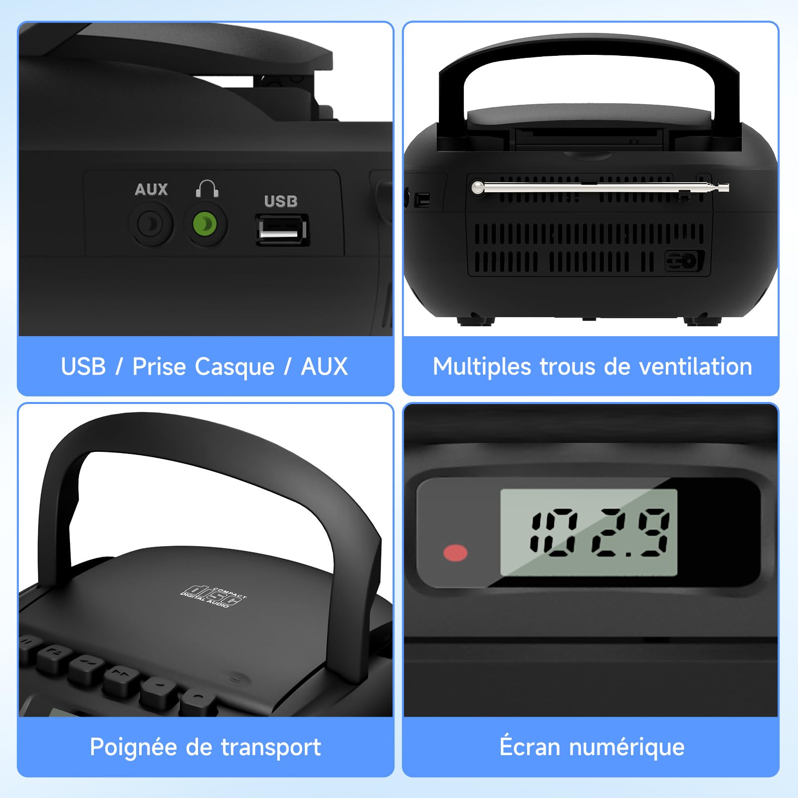 Radio Cassette CD Portable, CD66 Lecteur CD Bluetooth, Poste CD Cassette Radio avec Entrée Audio USB/AUX, Haut-Parleur Boombox, Lecture MP3 pour Adulte et Enfant