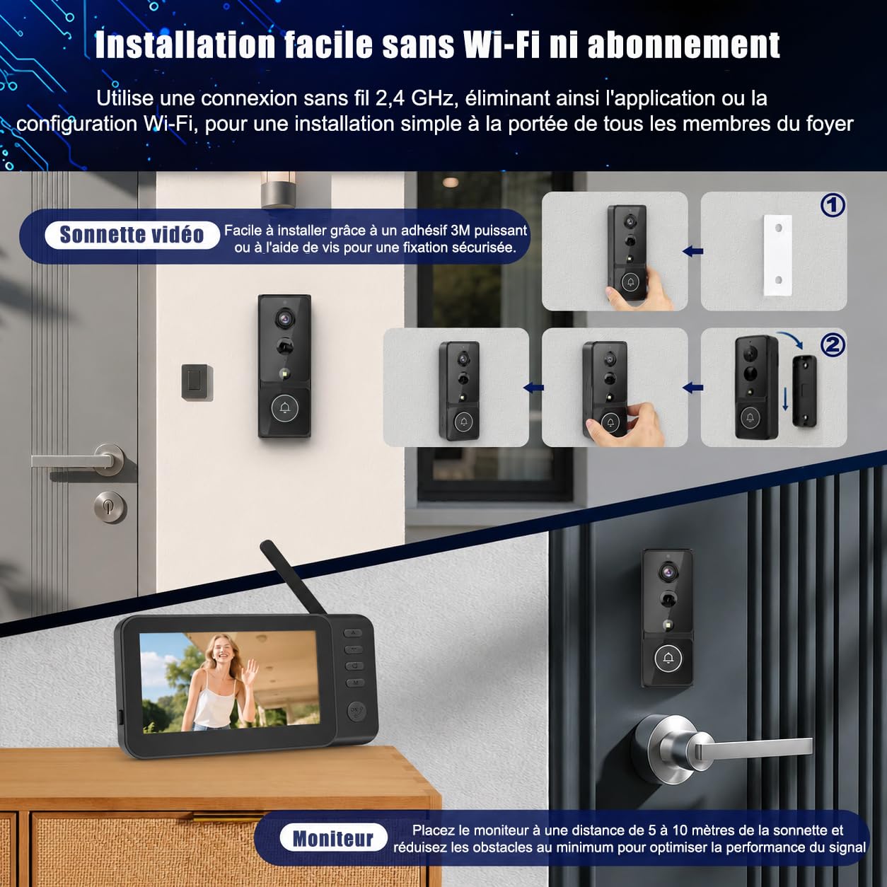 Sonnette sans Fil avec Caméra avec PIR Détection Mouvement Écran 4.3 Pouces | Exterieur Etanche Visiophone Vidéo 2,4 GHz Sans WiFi Interphone Vidéo Vision Nocturne 170° Enregistrement TF Maison 4000mAh