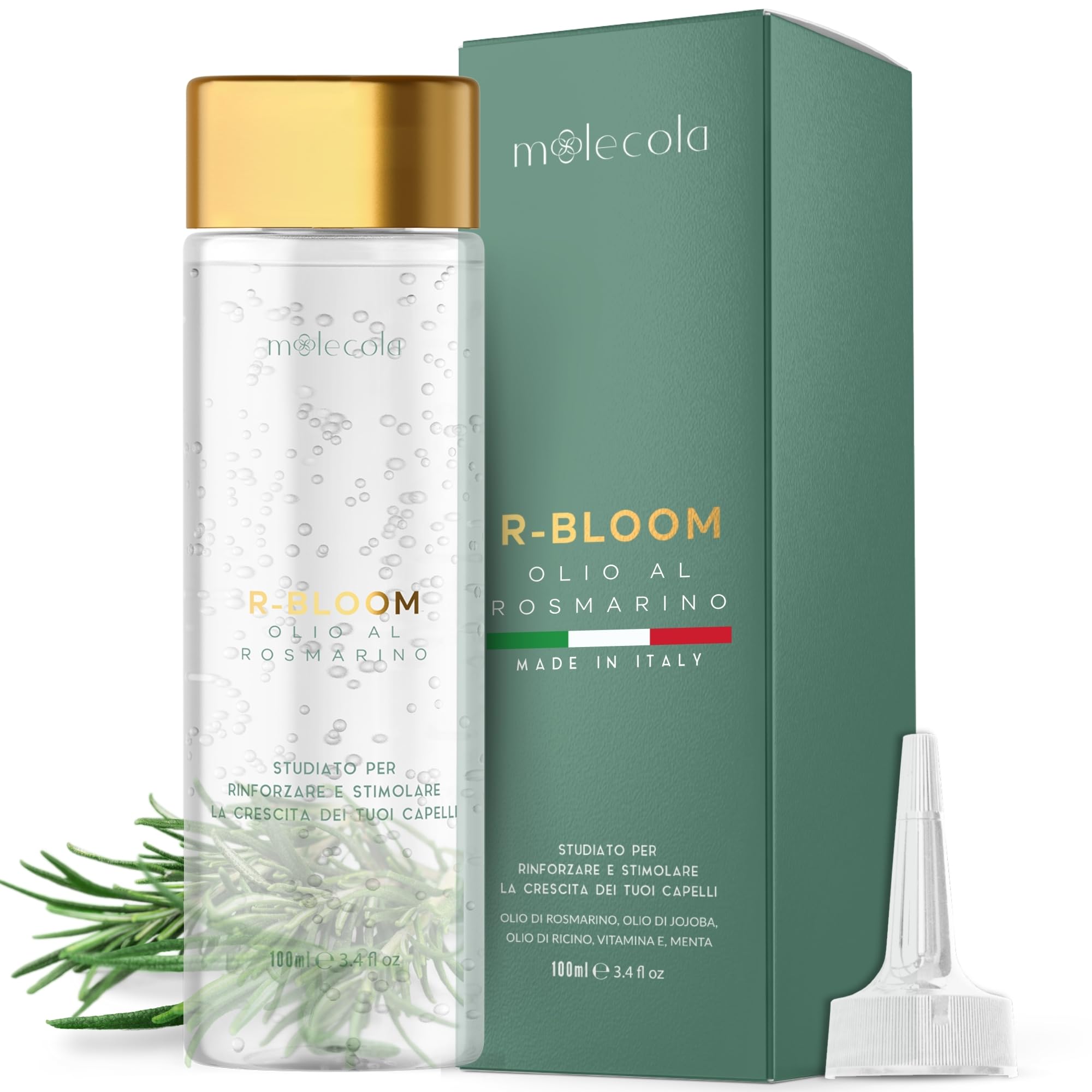 R-BLOOM - Olio di Rosmarino per Capelli 100 ml - Stimola la Crescita, Idrata e Calma il Cuoio Capelluto Con Ricino, Jojoba e Menta - Formula Fortificante MADE IN ITALY Pronta all'Uso