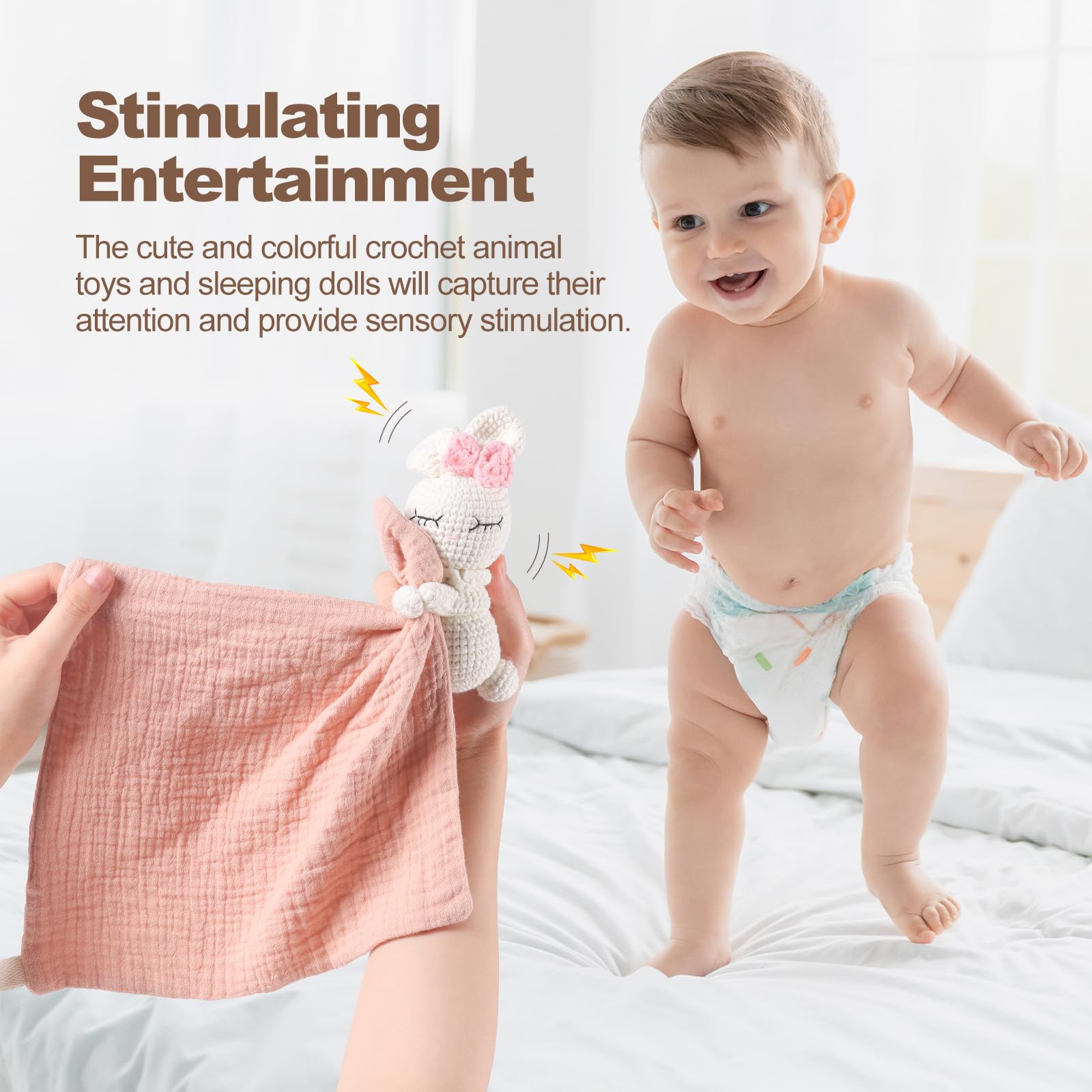 Plush Baby Rattle and Soft Doll Set – Handmade Crochet Toy Rattle for Newborns, Soft Plush Rabbit Rattle for Infants, Doll Blanket – Perfect First Toys for Baby Girl 0-6 Months