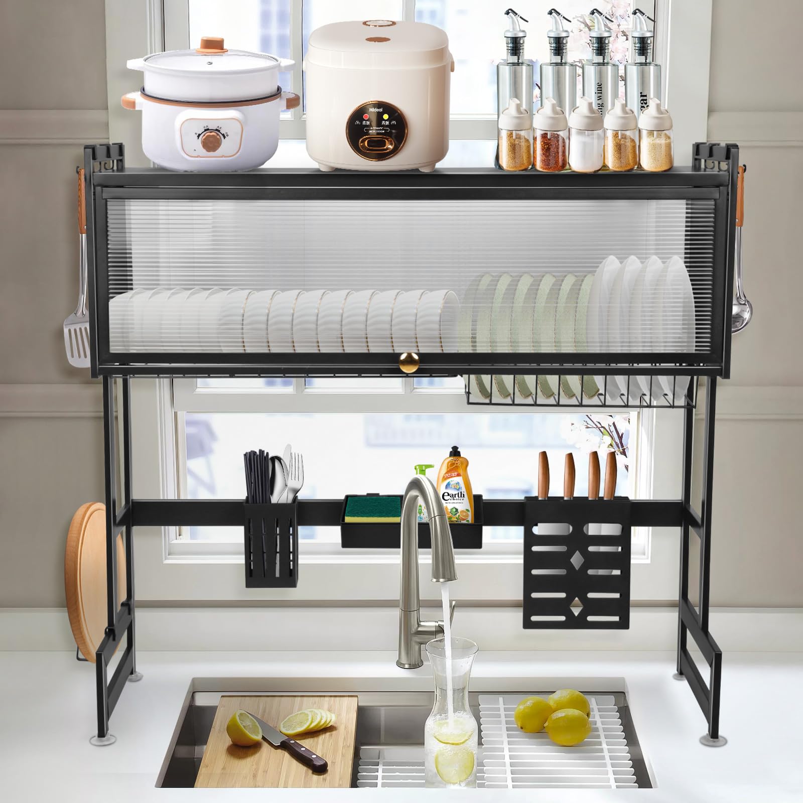 Escurridor de platos de cocina, negro/blanco, escurridor de platos sobre fregadero, multifuncional, acero al carbono (Negro)