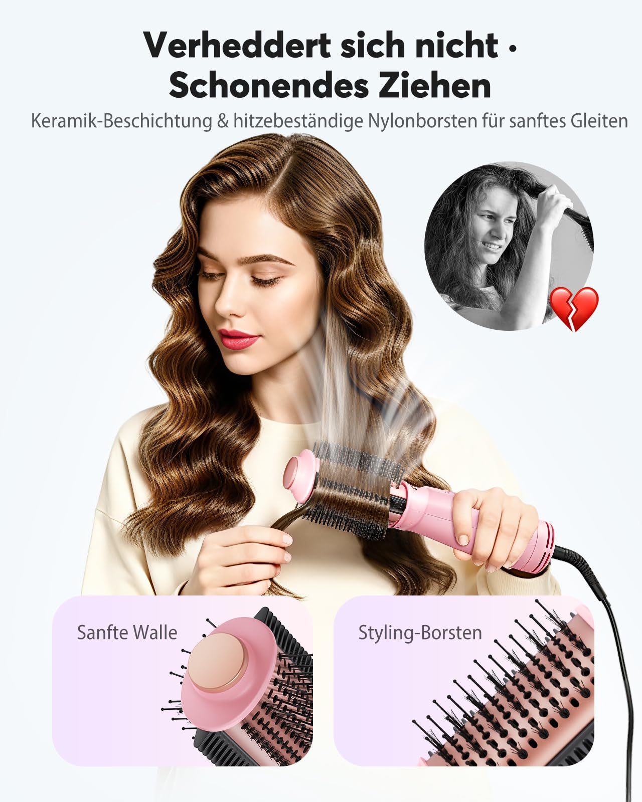 Bopcal Mini Warmluftbürste 4-in-1 Ionen Föhnbürste Heißluftbürste für Volumen & Glatte Haare, Anti-Frizz Rundbürstenföhn, Tragbar mit Dualspannung für Reisen, 3 Temperaturstufen, SM-6129 101