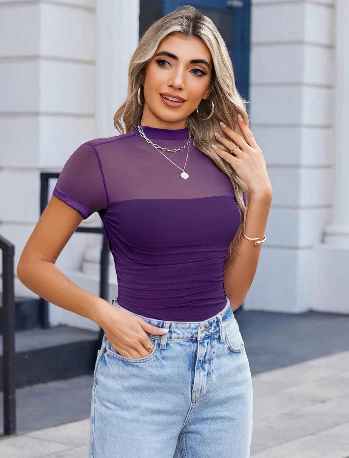 Avidlove Women's Short Sleeve Bodysuit Turtle Neck Body Suits Mesh One Piece Leotard Going Out Tops Date Outfits - Image 6