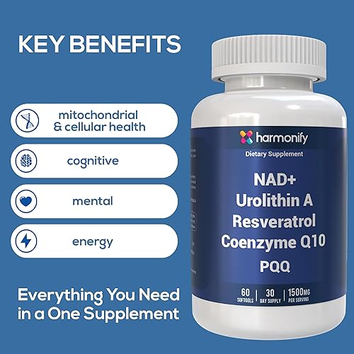 Miniatura 3 de Urolitina A NAD+ Resveratrol CoQ10 PQQ Blend Supplement, NAD liposomal, Extra Strength 1500 mg, 60 cápsulas blandas