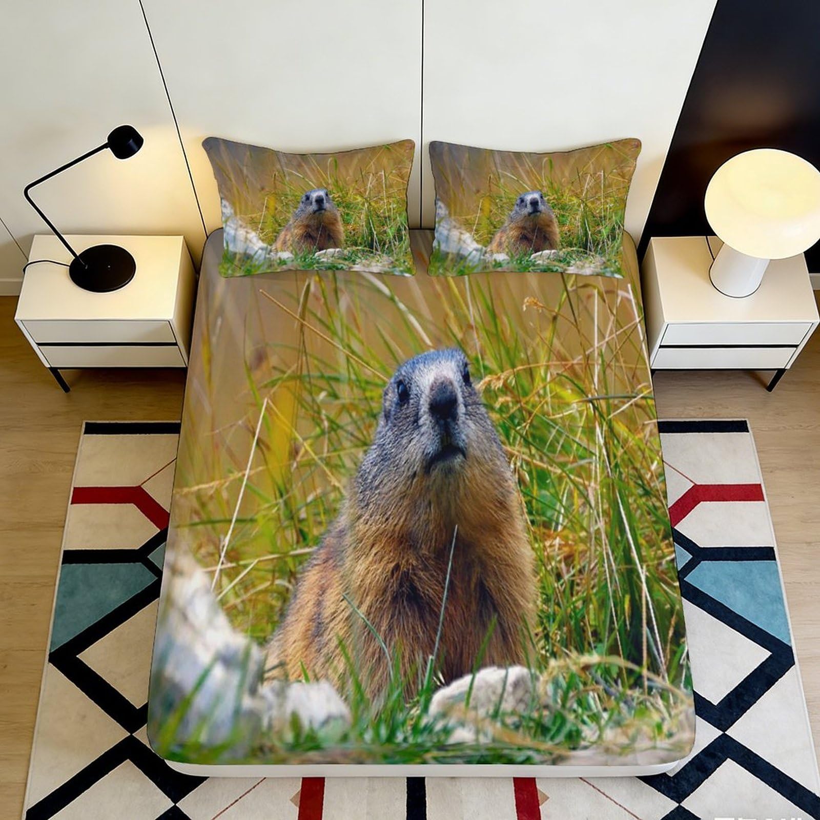 3D Printed Marmot Meadow Fitted Sheet Microfiber Soft Breathable Groundhog Bed Cover for Bedroom Guest Room Mattress Protection Decor 90x200x25cm