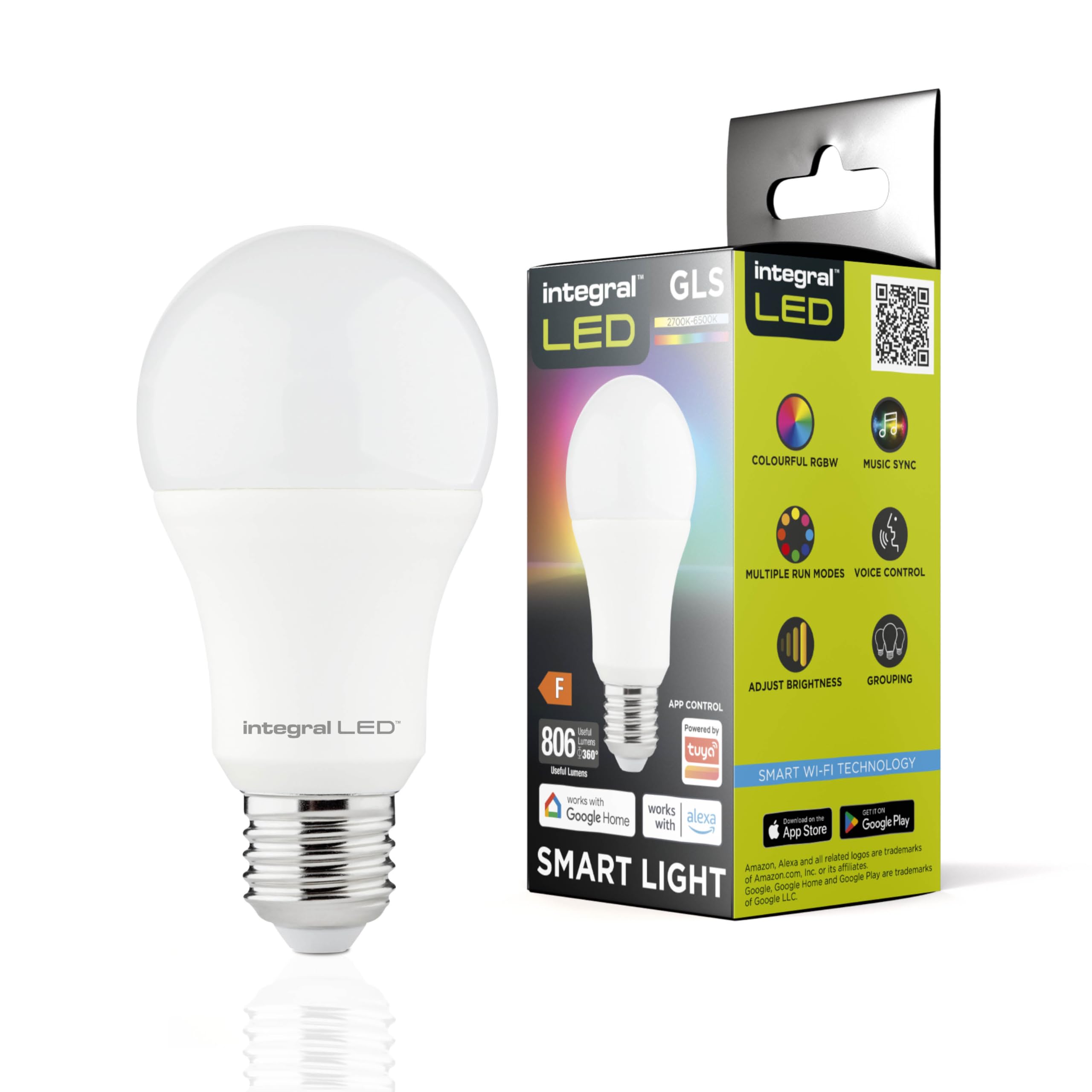 Integral LED Bombilla Inteligente GLS E27 WiFi 2,4 GHz, 8,5W, 4 Unidades