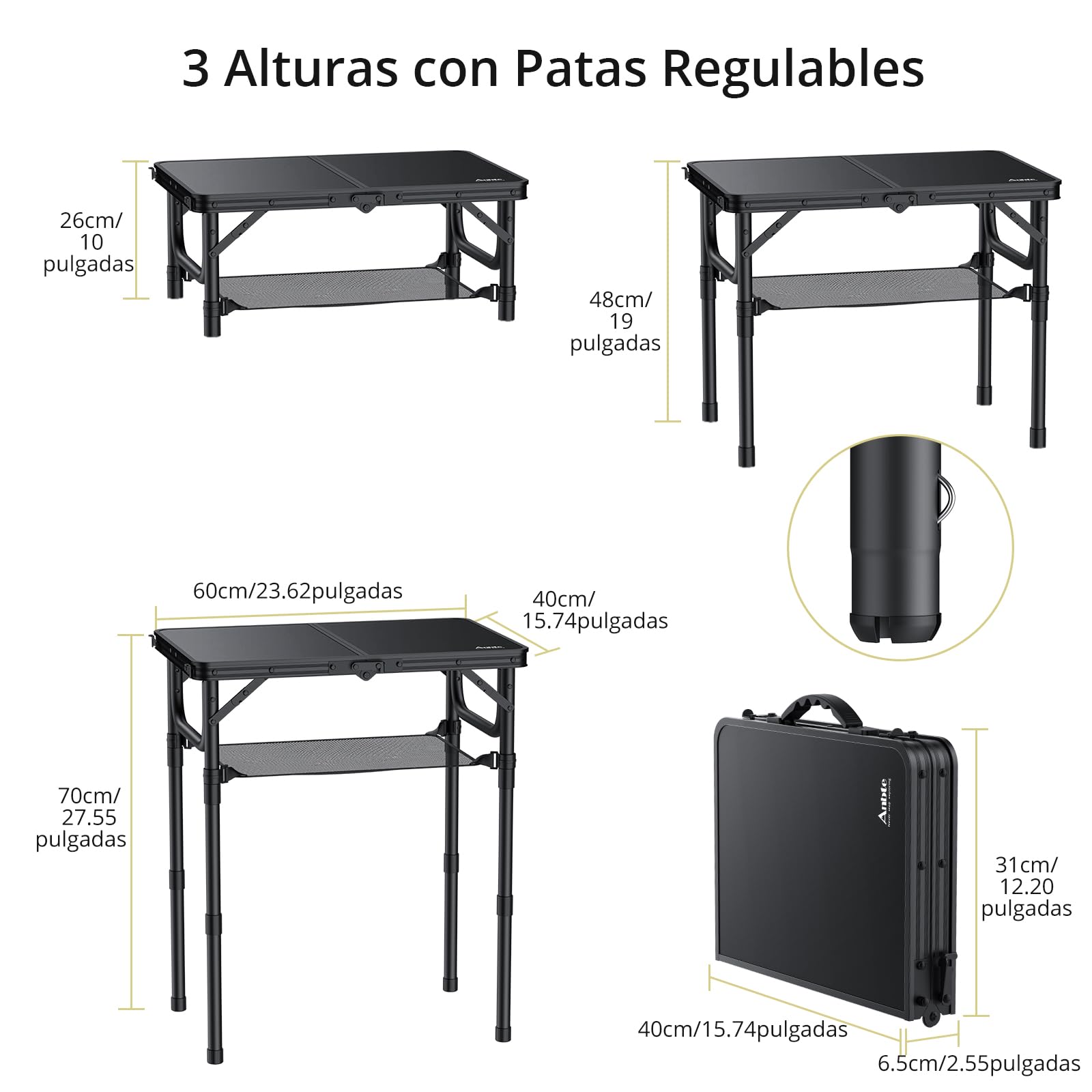 Anbte Mesa Plegable Camping 59x40x26/48/70cm Ajustable Altura Mesas de Acampada Portátil Mesa Playa Aluminio Impermeable Negro para Terraza Playa Exterior BBQ