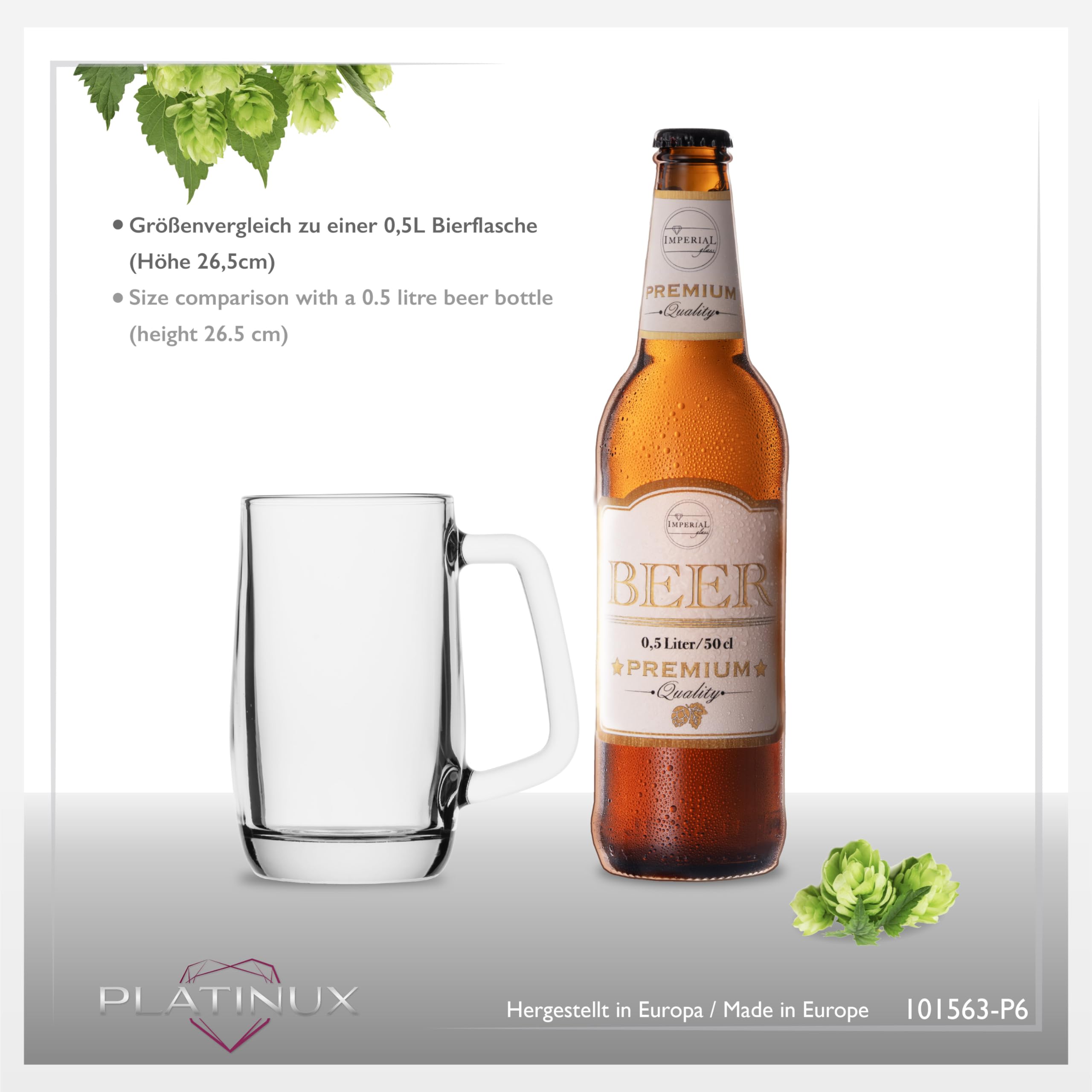 PLATINUX Juego de 6 jarras de cerveza con asa de cristal, 300 ml (máx. 375 ml)