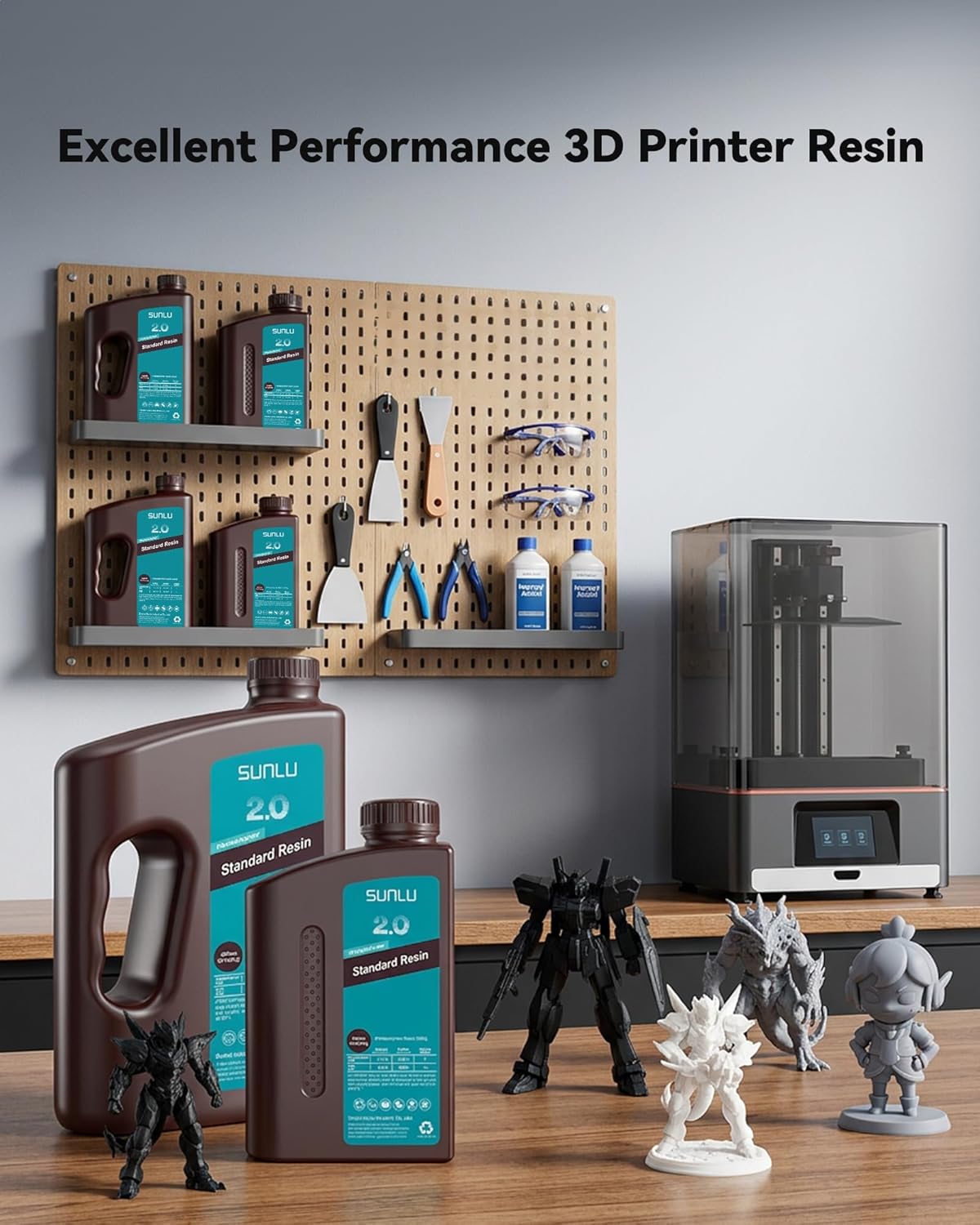 SUNLU 2KG Upgraded Standard 2.0 Photopolymer 3D Printer Resin 405nm UV-Curing Resin, Higher Precision, Stronger Toughness, Grey 2000G