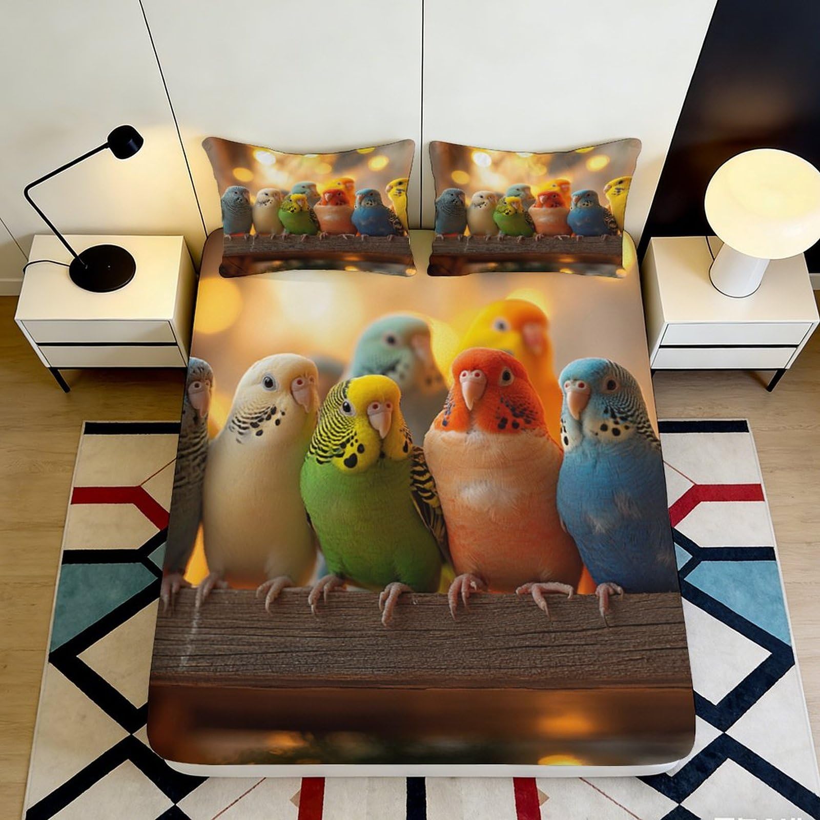 3D Printed Colorful Parrots Fitted Sheet Microfiber Soft Breathable Bird Pattern Mattress Cover for Bedroom Dormitory Guest Room Mattress Protection Decor 140x200x25cm