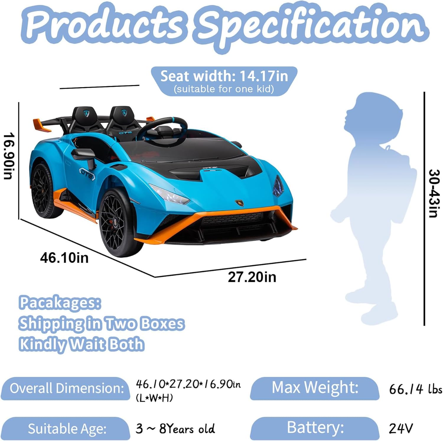 24V Kids Ride on Car, Compatible for Lamborghini Electric Car, Licensed Lamborghini Huracan STO with 4 Wheels Sports Car Toys with LED Headlights, Remote Control&Two-Point Safety Belt, Blue
