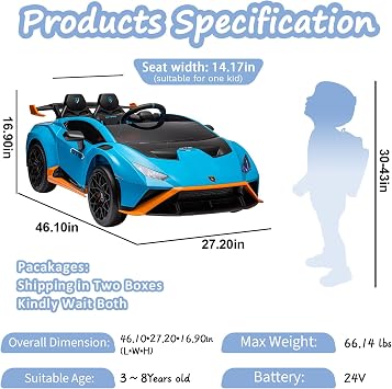 24V Kids Ride on Car, Compatible for Lamborghini Electric Car, Licensed Lamborghini Huracan STO with 4 Wheels Sports Car Toys with LED Headlights, Remote Control&Two-Point Safety Belt, Blue