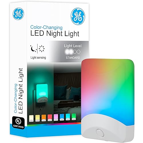 GE Color Changing LED Night Light for Kids, Dusk to Dawn Sensor, Home Decor Apartment Essentials, Wall Lights for Bedroom, Ambient Lighting, Nightlights Plug In, 1 pack, 34693