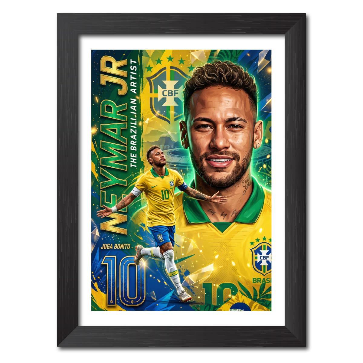 TenorArts Neymar Jr Brazil Poster Frame Worldcup Themed Laminated Photo Framed Painting with Matt Finish Black Texture (12 inches x 9inches)-picture-11