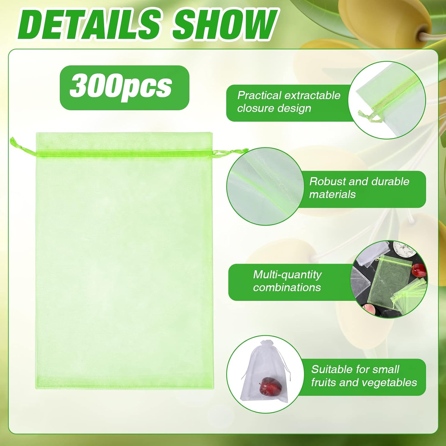Woanger 300 Pcs Fruit Protection Bags 6 x 8'' Fruit Bags for Fruits Trees Green Netting Fruits Cover Bag with Drawstring Mesh Fruitage Protector Pest Barrier for Grapes Tree Veggies Garden Vegetable