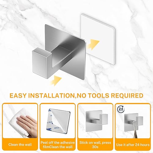 Miniatura 3 de Paquete de 4 ganchos adhesivos para baño o cocina, ganchos de níquel cepillado, ganchos para toallasbatas, ganchos de pared de acero inoxidable