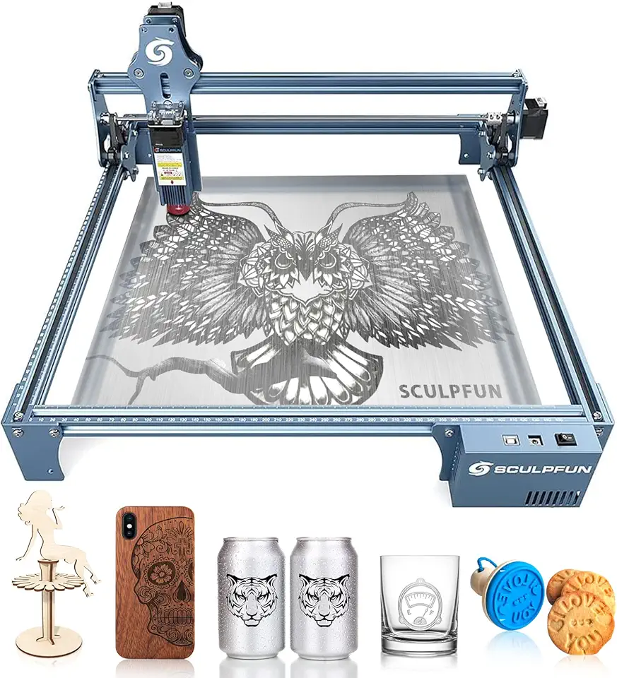 SCULPFUN S9 Gravador a laser para metal, efeito laser de 90 W Máquina de corte e gravação DIY, máquina de gravação e corte a laser CNC totalmente metálica de alta precisão para madeira, 410mmx420mm