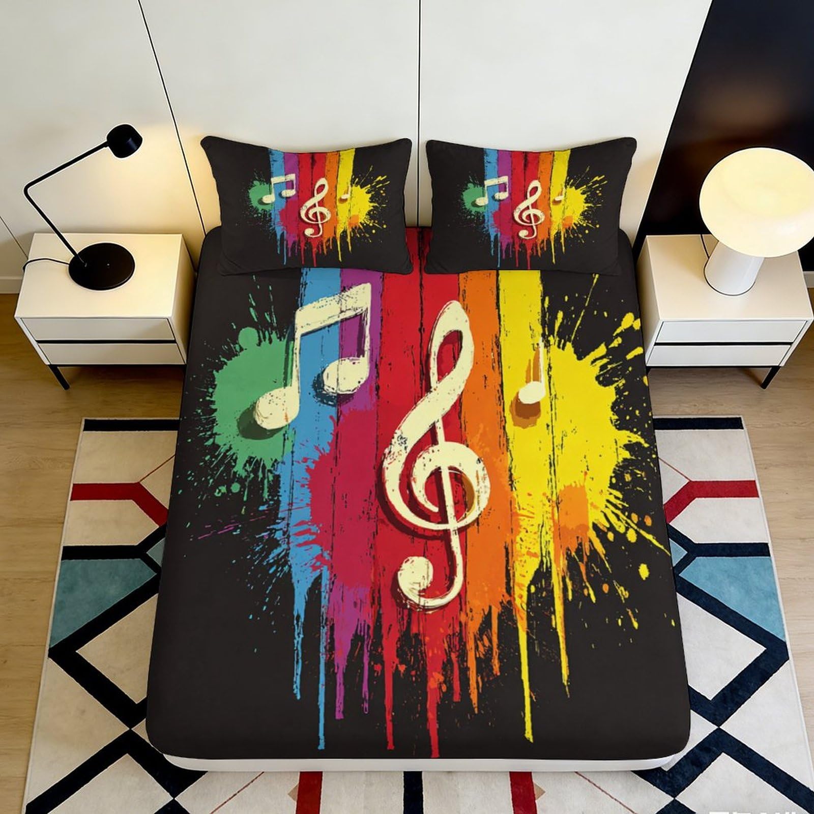 3D Printed Rainbow Music Notes Fitted Sheet Microfiber Color Splash Bed Cover for Bedroom Dorm Mattress Decor 90x200x25cm