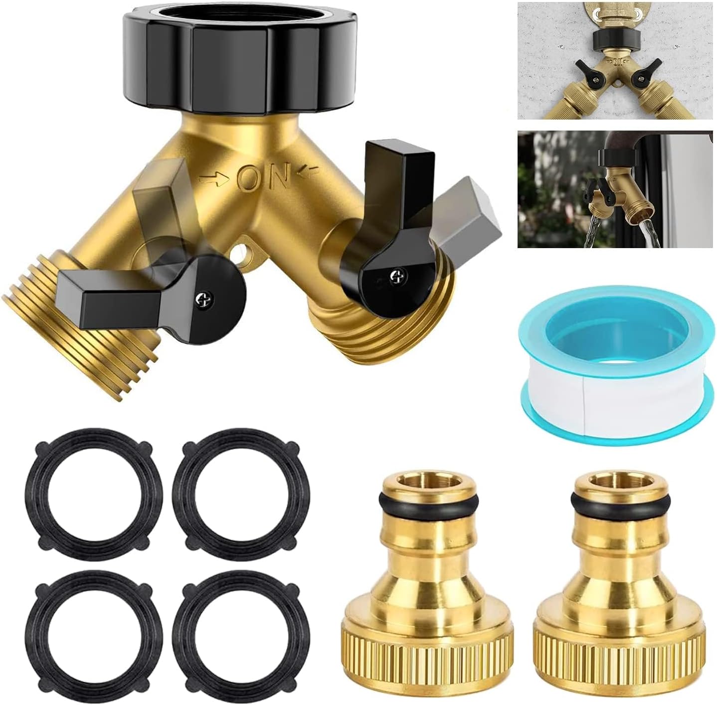 Brass Hose Connector 2 Way, Garden Hose Splitter 3/4 inch Hose Pipe Connector with 2 Threaded Faucet Adapter, Outside Tap Splitter for Outdoor, Garden, Courtyard, Lawn, Kitchen