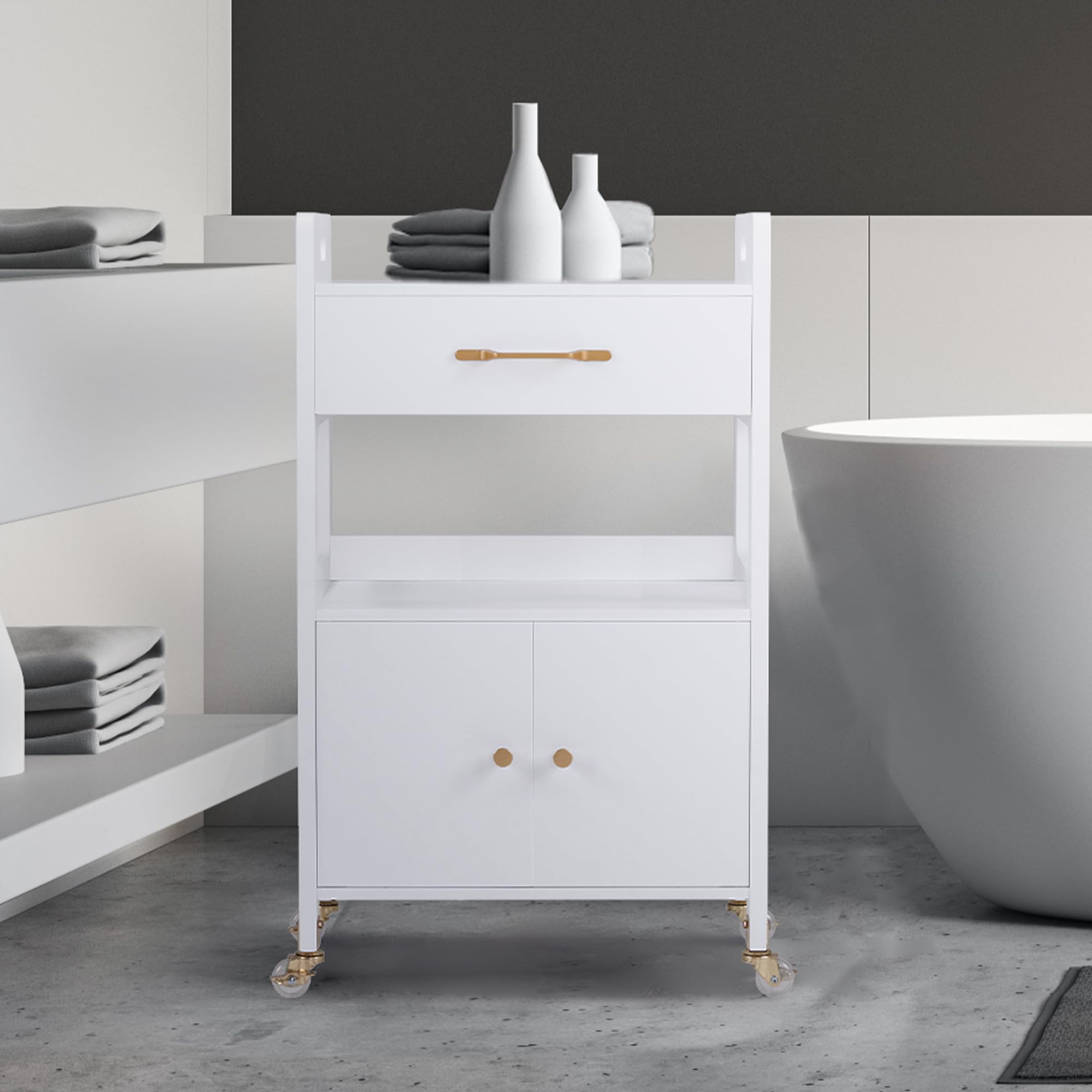 M MCombo Chariot de service avec roues et tiroirs, chariot de coiffure blanc, avec 2 étagères, trolley de salon pour salle de bain, salon, 0055-N