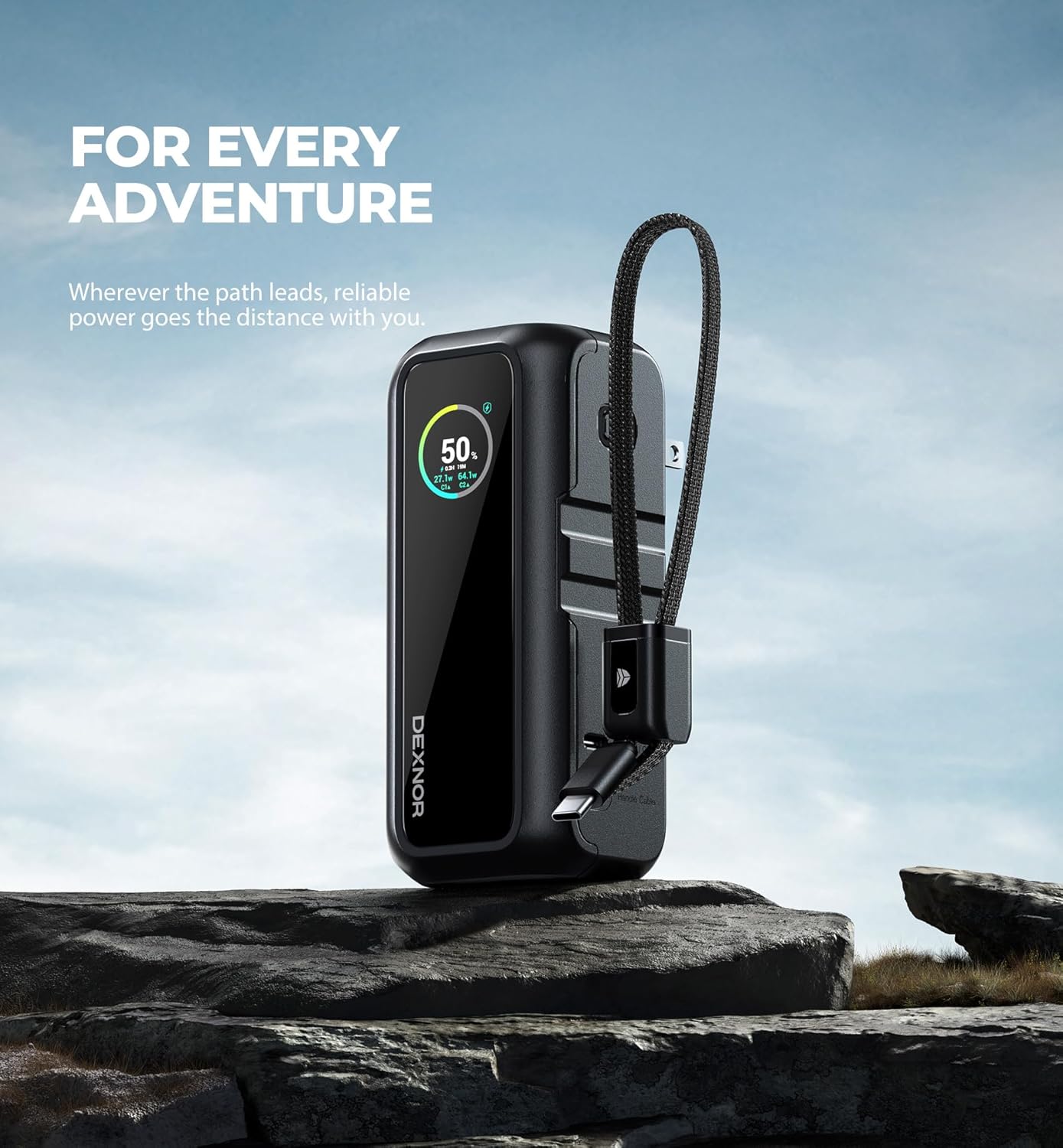 Dexnor 3-in-1 Power Bank, 15,000mAh Battery Pack with 65W Output, Foldable AC Plug, Built-in USB Handle Cable, Support PD3.0 and PPS Fast Charging, Sleek Portable Charger for iPhone, Samsung, etc.