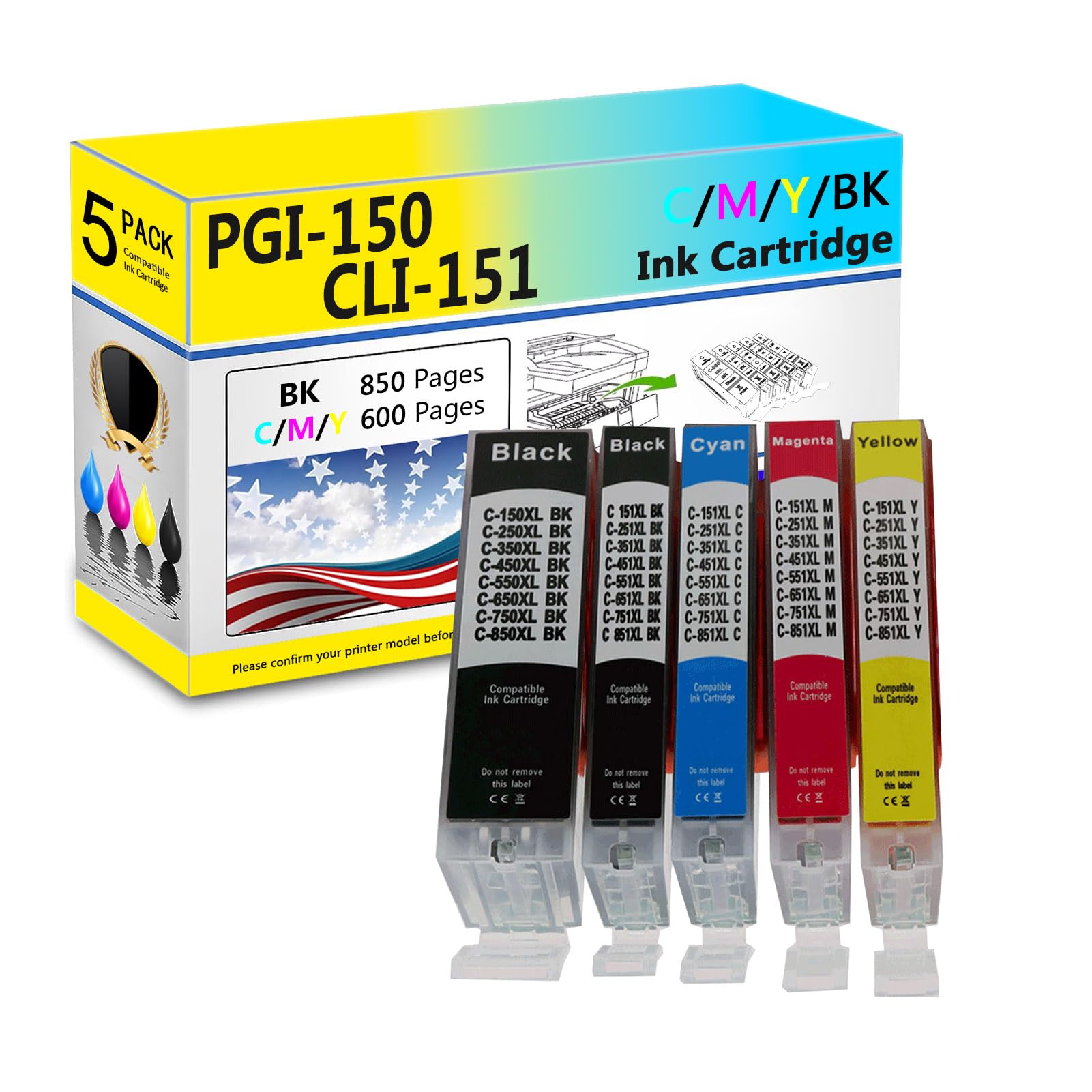 PGI-150 CLI-151 Ink Cartridges Compatible for Canon PGI-150 CLI-151 XL Ink Cartridge Work for Canon Pixma MG5410 MG5510 MG5610 MG6310 MG6410 MG6610 MG7110 Printers