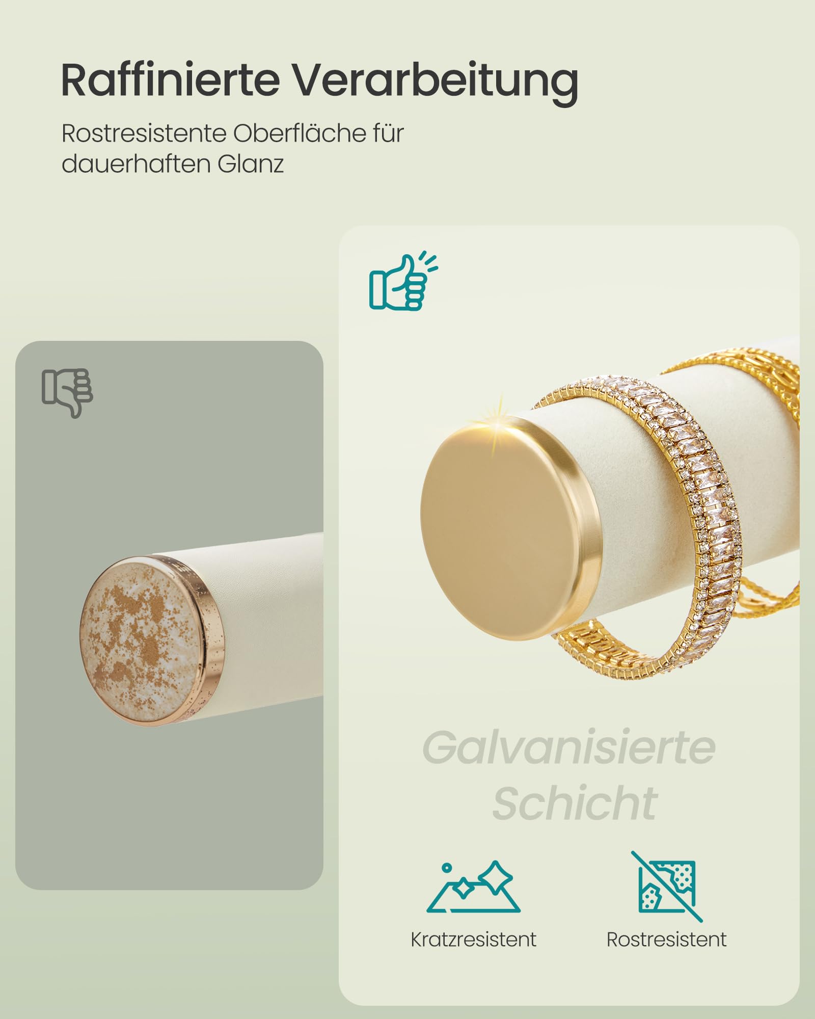 SONGMICS Armbandhalter-Ständer, Schmuck-Display-Ständer, Schmuck-Organizer, mit 3 Ebenen und Samt-Tablett, abnehmbarer Ringhalter, Creme-Weiß und Hellgold JJS039W101