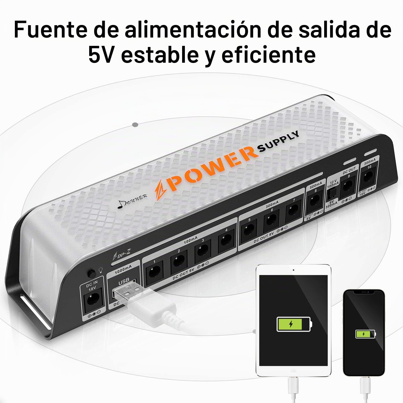 Donner DP-Z 9V Guitarra Pedal Fuente de alimentación 10 Salida CC aislada con puerto USB para 9V/12V/18V Pedal de efecto DC 18v 2000m Entrada