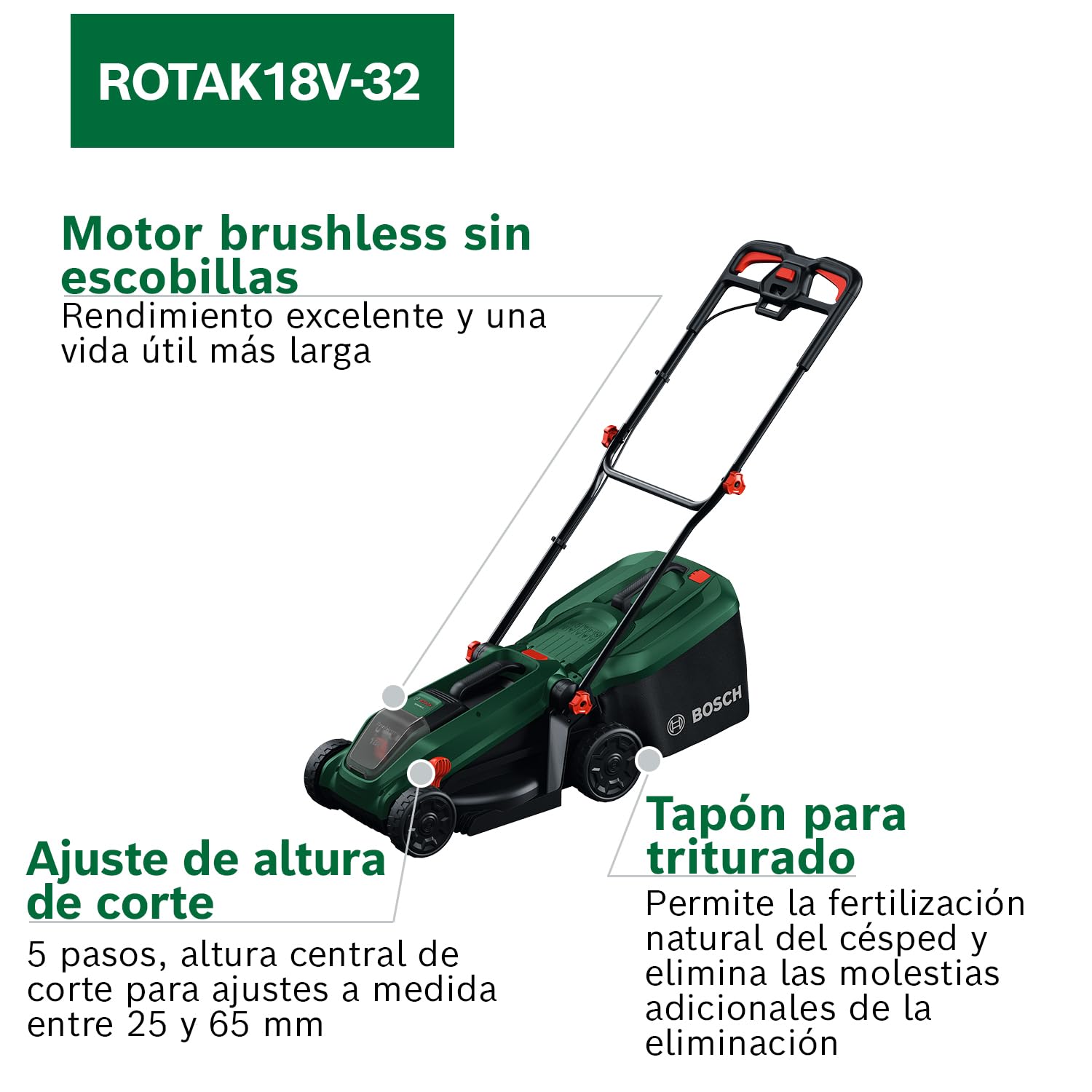 Bosch cortacésped a batería ROTAK18V-32 (anchura de corte: 32 cm, altura de corte: 25-65 mm, cesto de tela de 35 l, tapón para triturado, incluye batería y cargador)