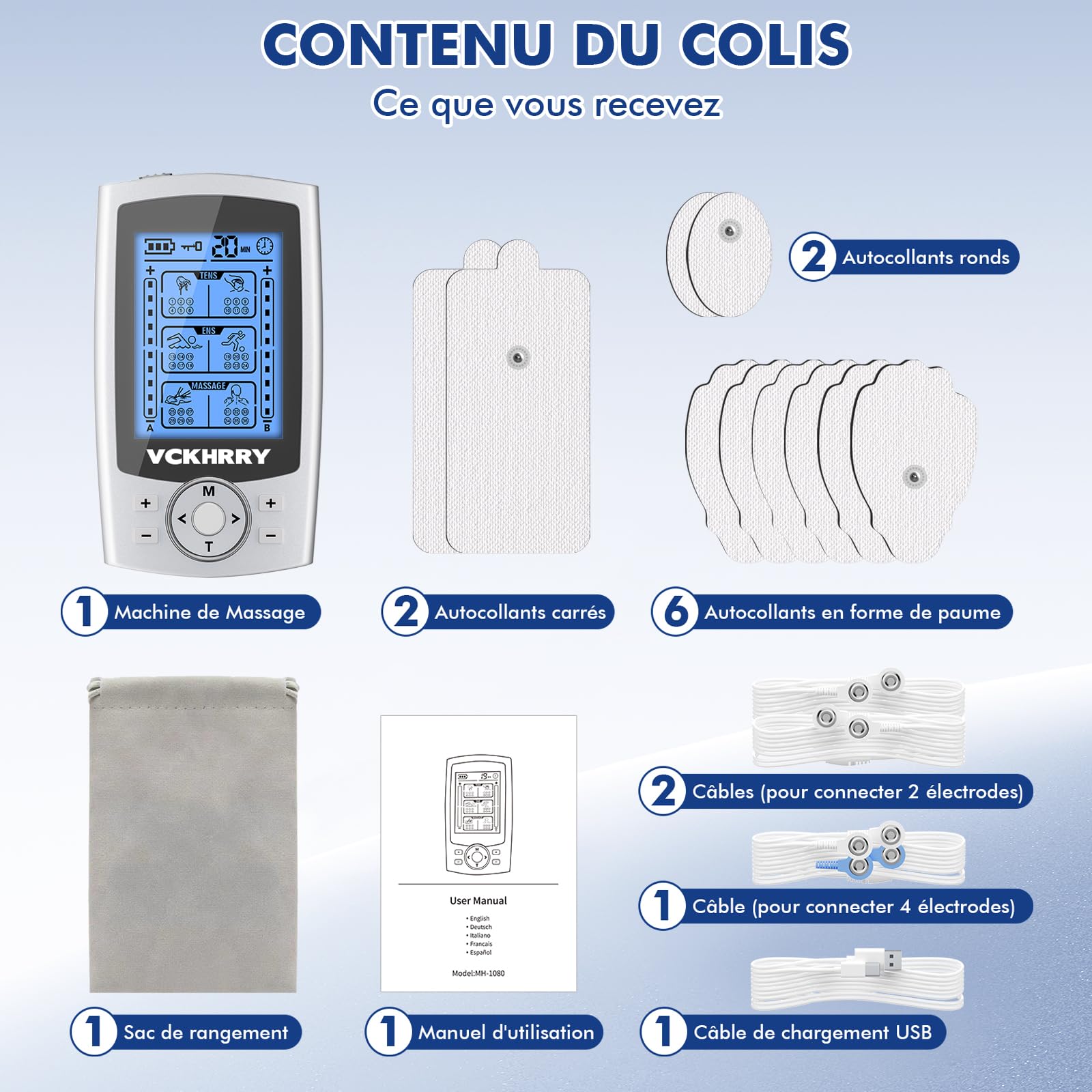 Électrostimulateur Musculaire 3 en 1 TENS EMS, Massage Relaxant | Entraînement Musculaire, 36 Programmes 2 Canaux Indépendants, Réutilisable 10 Électrodes, Facile à Emporter