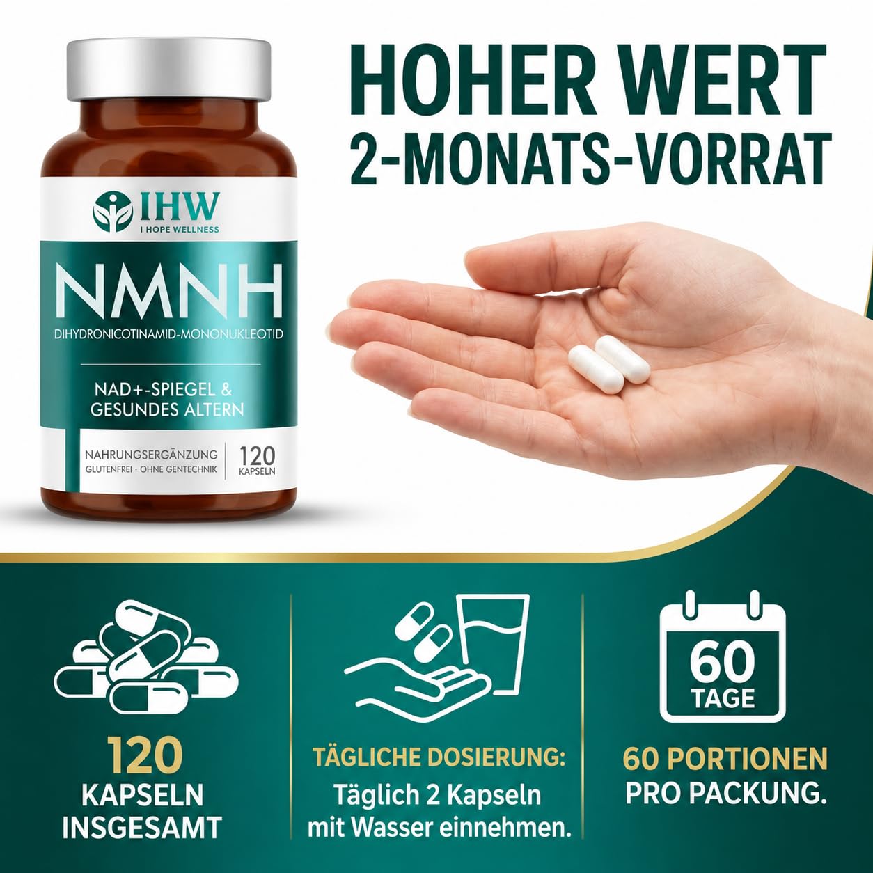 NMNH, 1000MG Kapseln Hochdosiert, Hochreines NAD-Ergänzungsmittel, Anti-Aging, für zelluläre Energie & antioxidative Unterstützung, 120 vegane Kapseln