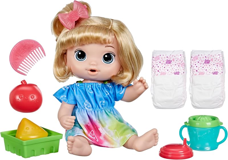 Muñeca Fruity Sips, manzana, juguetes para niñas de 3 años, juego de muñecas bebé de 12 pulgadas, bebidas y líquidos, exprimidor simulado, niños de 3 años en adelante, cabello rubio