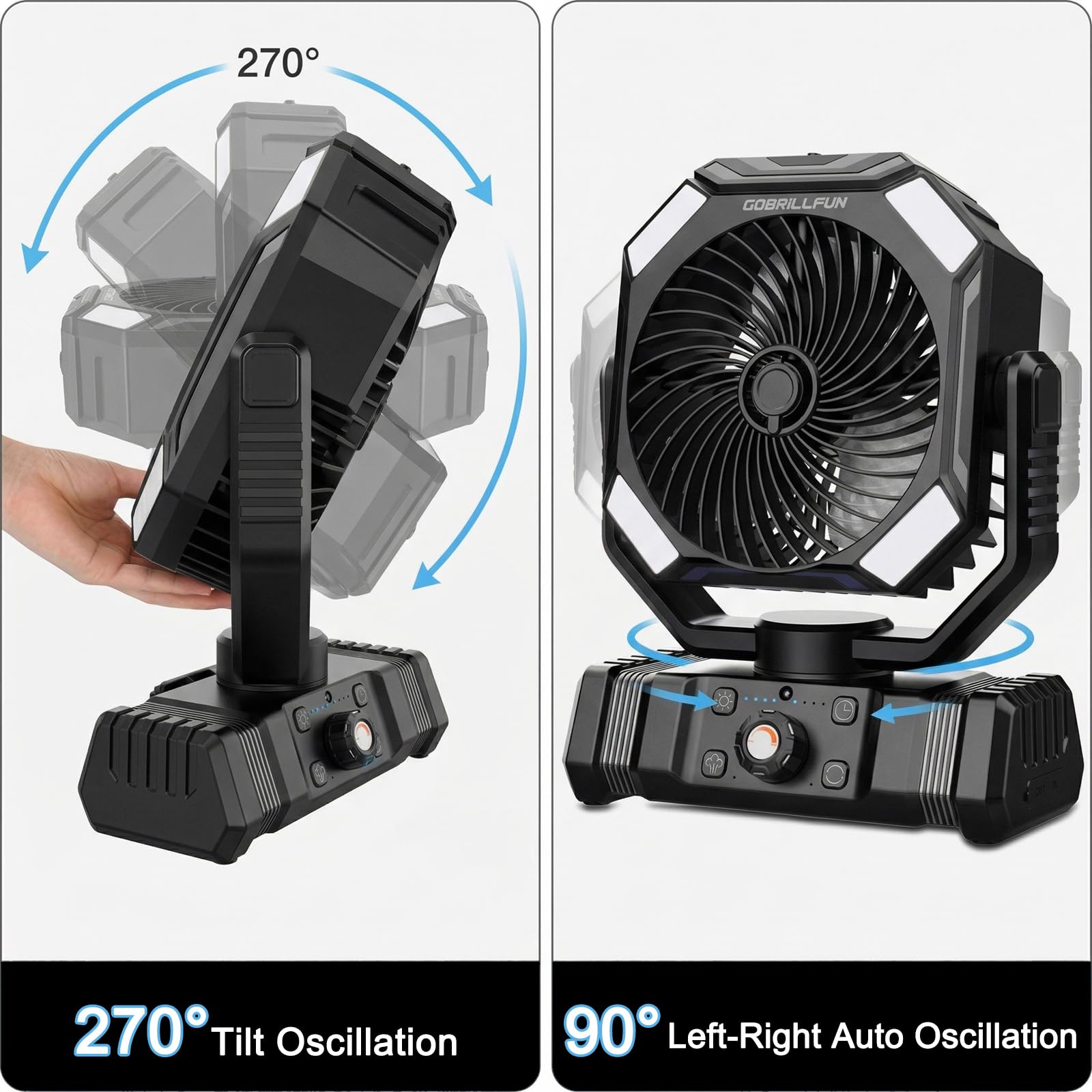 Ventilateur à Batterie avec Brumisation, Ventilateur Portable Rechargeable 10000mAh, Ventilateur Oscillant avec Réservoir 300mL, Télécommande, Lumière LED, Minuterie pour Camping Terrasse Plage Bureau