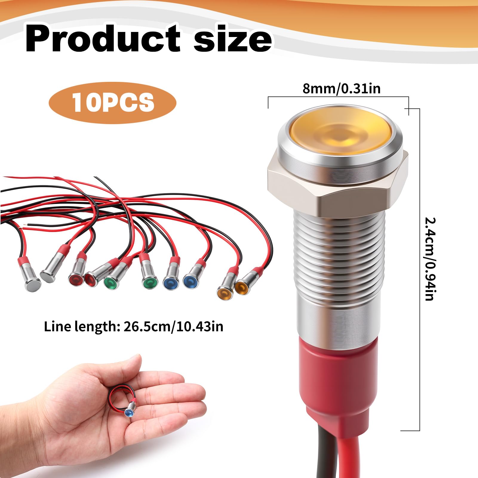 Indicatore LED 6mm 10Pcs AC/DC 12-24V Rosso/Verde/Giallo/Bianco/Blu Impermeabile per Moto