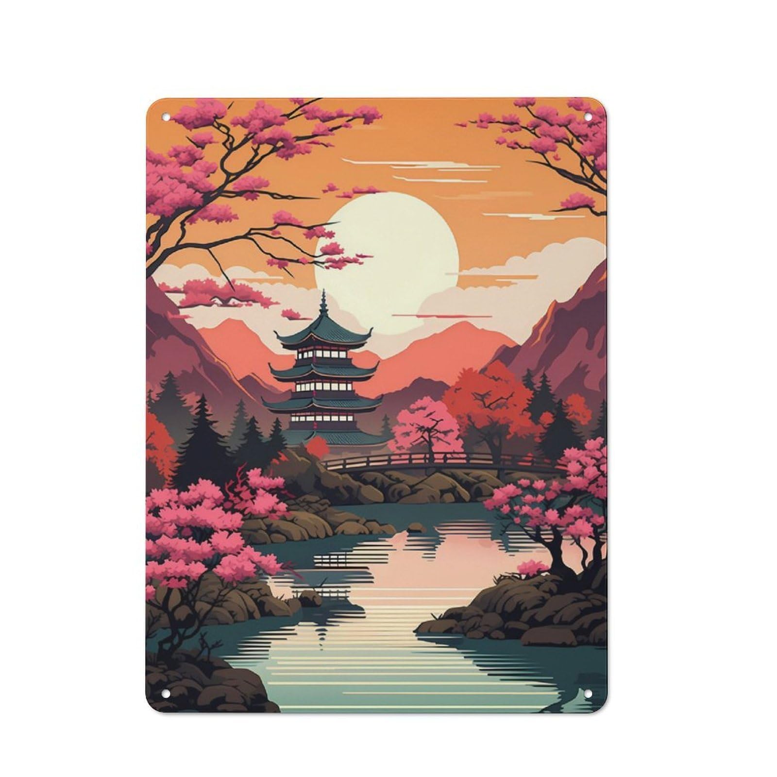 Junmoney Sunset In Land Of Chinese Metal Plaque 40X30cm With For Garage Wall, Retro Decor, For Themed Interiors In Garages And Workshops