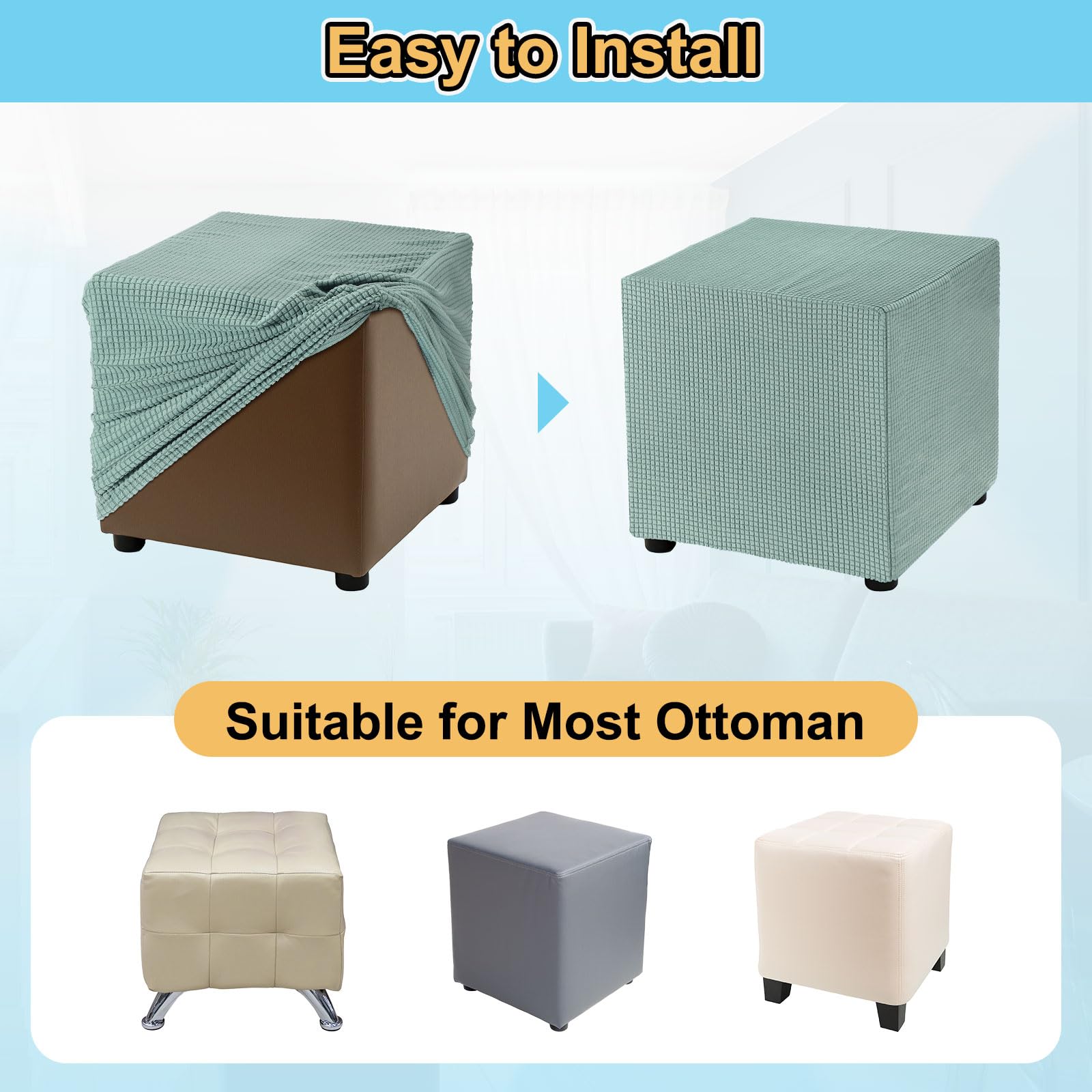 QUARKZMAN Copertura Pouf Quadrata 45,7x45,7x45,7cm in Poliestere Elasticizzato Lavabile Copripouf Elastico Protettivo Poggiapiedi per Soggiorno Camera Letto, Verde Chiaro