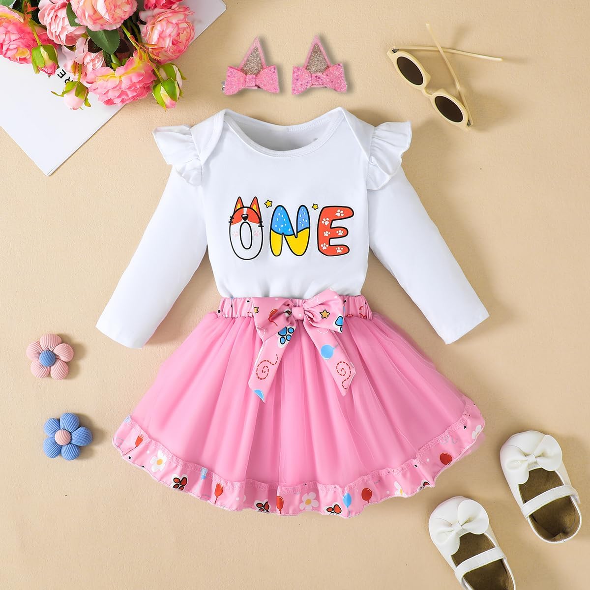Baby Girl 1st Birthday Outfit Girl First Birthday Clothes Infant Dog Ears Cake Smash Tutu Skirt Set - Image 2