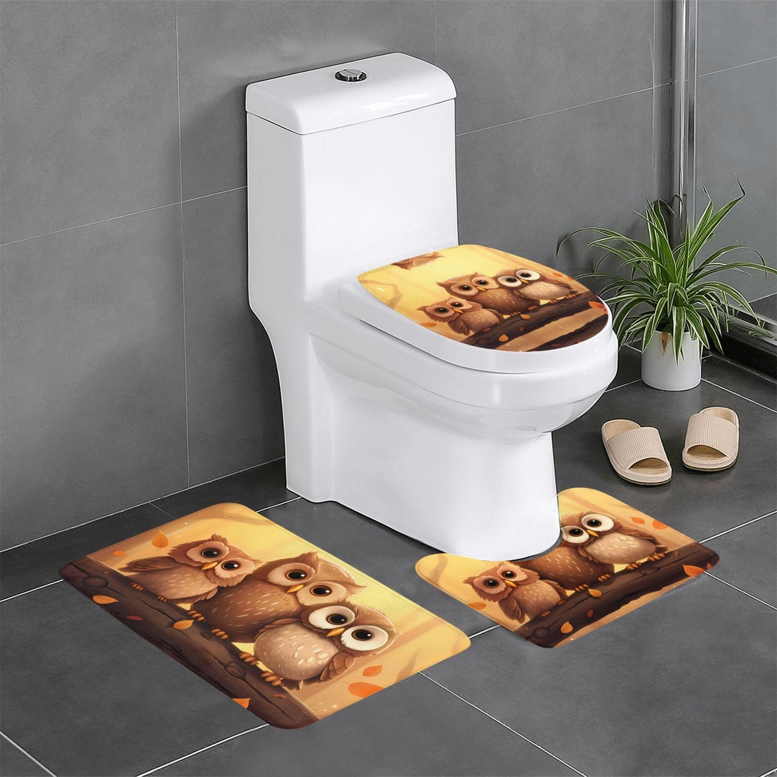 Tapis de salle de bain antidérapants à motif chouettes marron pour une ambiance cosy au WC