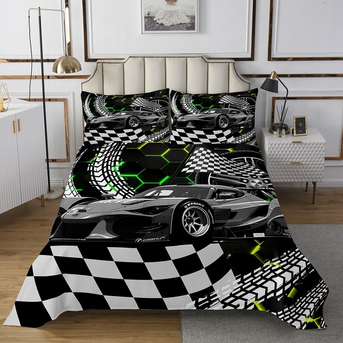 Race Car Bedspread Set Glitter Honeycomb Quilt Set Yellow Green Neon Lights Beehive Geometric Hexagon Coverlet Set King,Cool Sports Car Quilted Black and White Lattice Grid Buffalo Plaid Decor