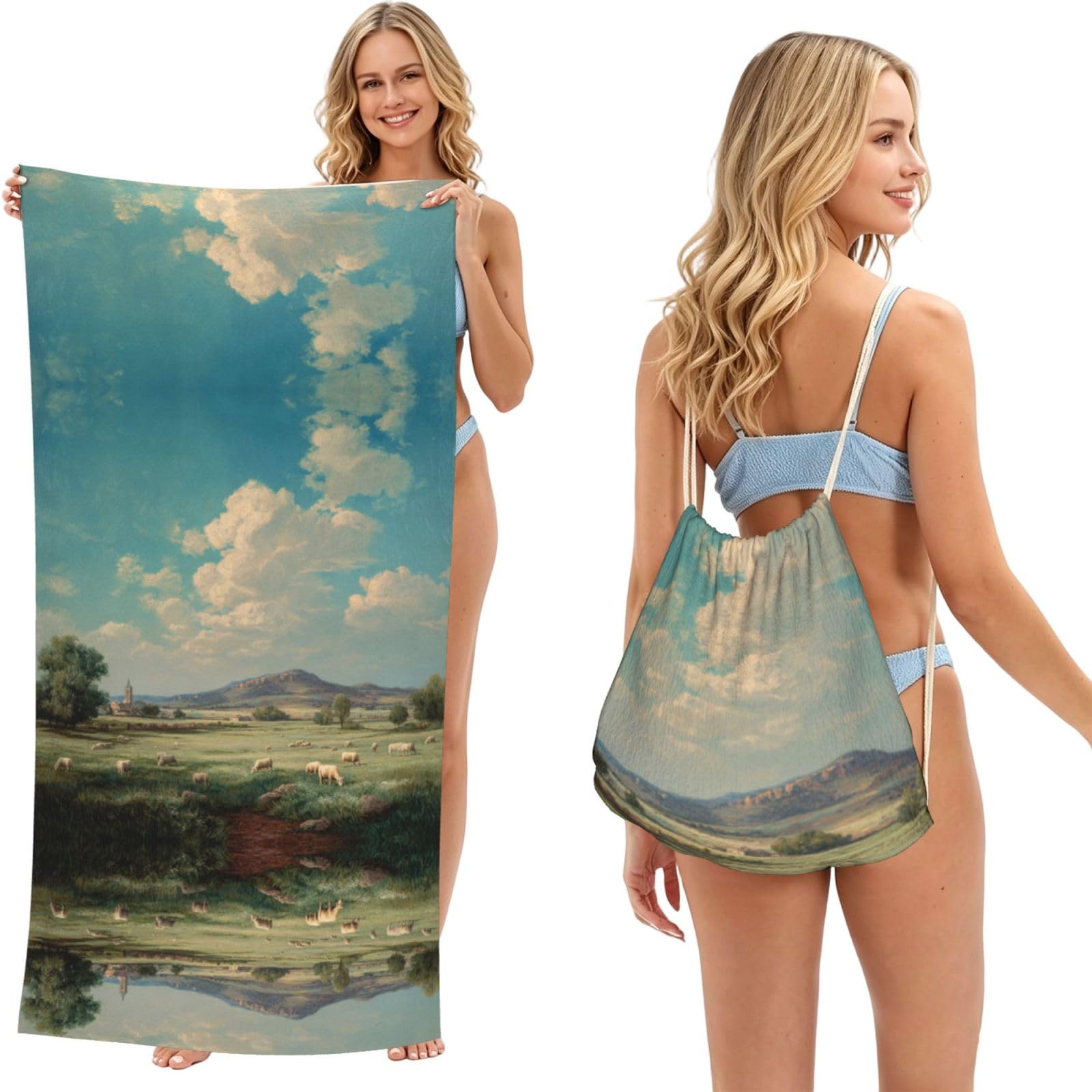 ESNAIUVCD Pastoral Scenery Print Beach Towel For Adults,Towel With Drawstring Bag, Travel Pool Swimming Sports Shower Sand Free Quick Dry Bath Towel For Pool, Beach, Yoga- 180x60cm