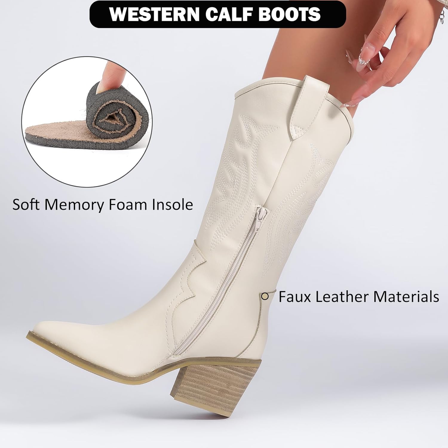 Mid Calf Boots for Women Flat Casual Round Toe Fashion Calf High Boot Buckle Dressy Fall and Winter Low Heeled Womens Boots. - Image 6