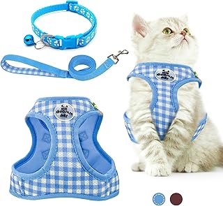 VINEST Katzengeschirr mit Leine Ausbruchsicher für 2,5-5,5 kg Katzen Welpen, 150cm Katzenleine mit Geschirr Reflektierende, Weich Mesh Katzengeschirr Ausbruchsicher mit Katzenhalsband (Blau, XS) product image
