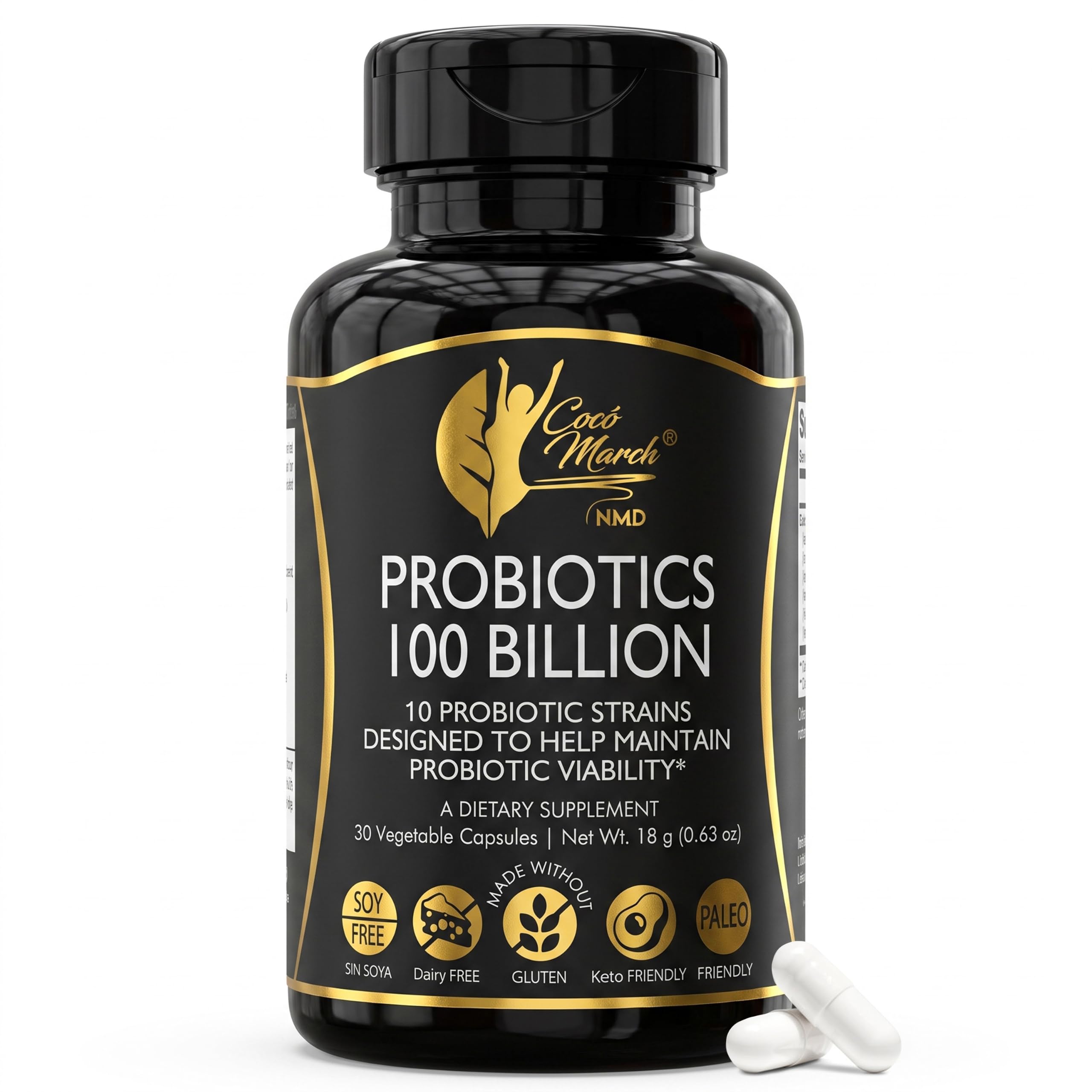 Cocó March N.M.D Probiotics 100 Billion — Probiotics for Women & Men, Digestive & Gut Health, Immune Support — Gluten Free, Dairy Free, Soy Free, Keto & Paleo Friendly — 30 Capsules Coco 100 Billion