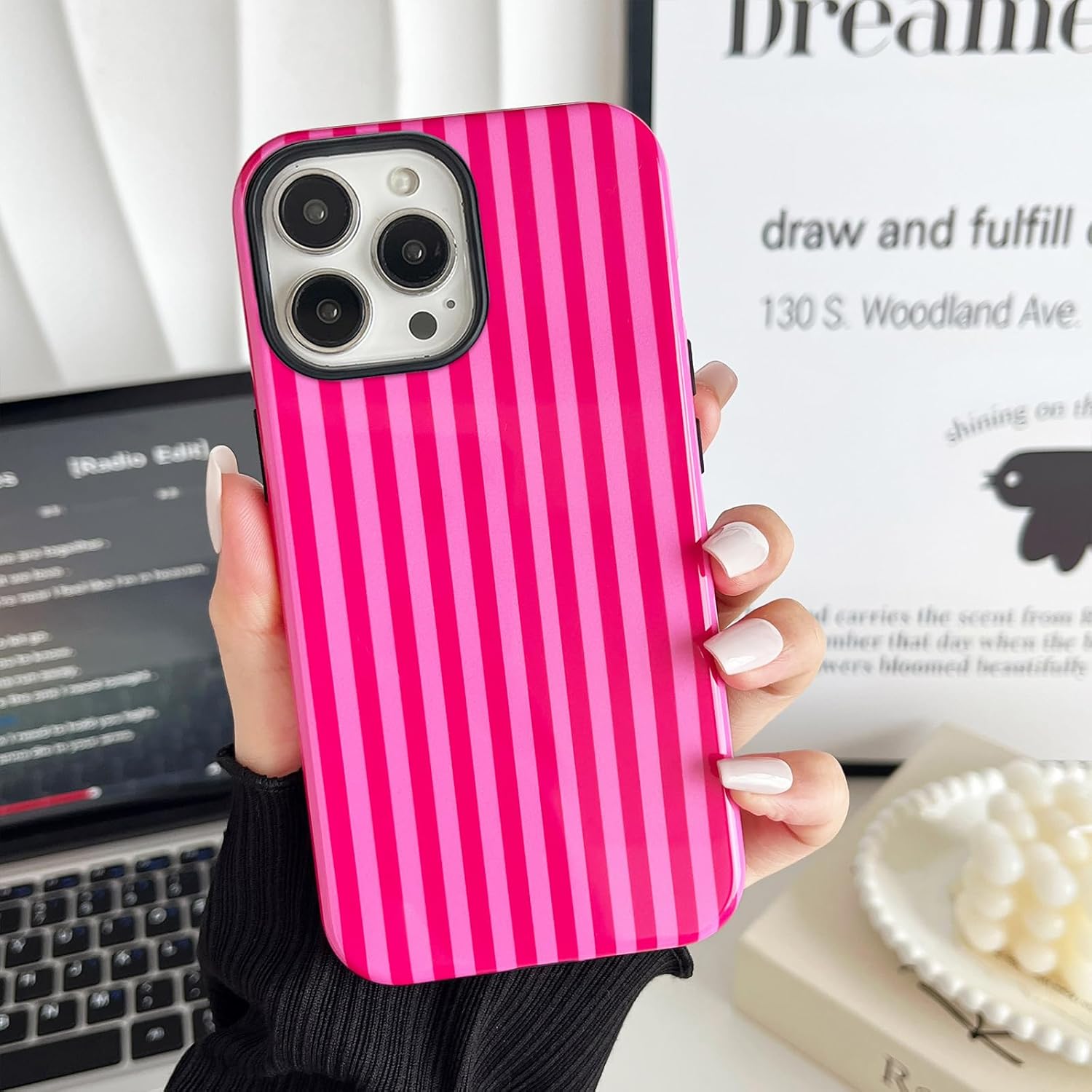 compatible with iphone 14 pro case, cute fashion aesthetic striped pattern cover for women, shockproof soft tpu and hard pc protective phone case for iphone 14 pro 6.1"- hot pink iphone 14 pro 6.1" hot pink