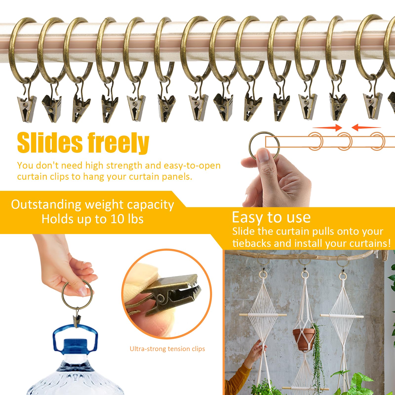 40 Stuks Gordijnringen Antiek Messing 3,8 cm Sterke Metalen Decoratieve Gordijnring met Oogjes, Roestvrij Gordijnroede Clips Hangers voor Badkamer, Woonkamer en Gastenkamer (3,8 cm