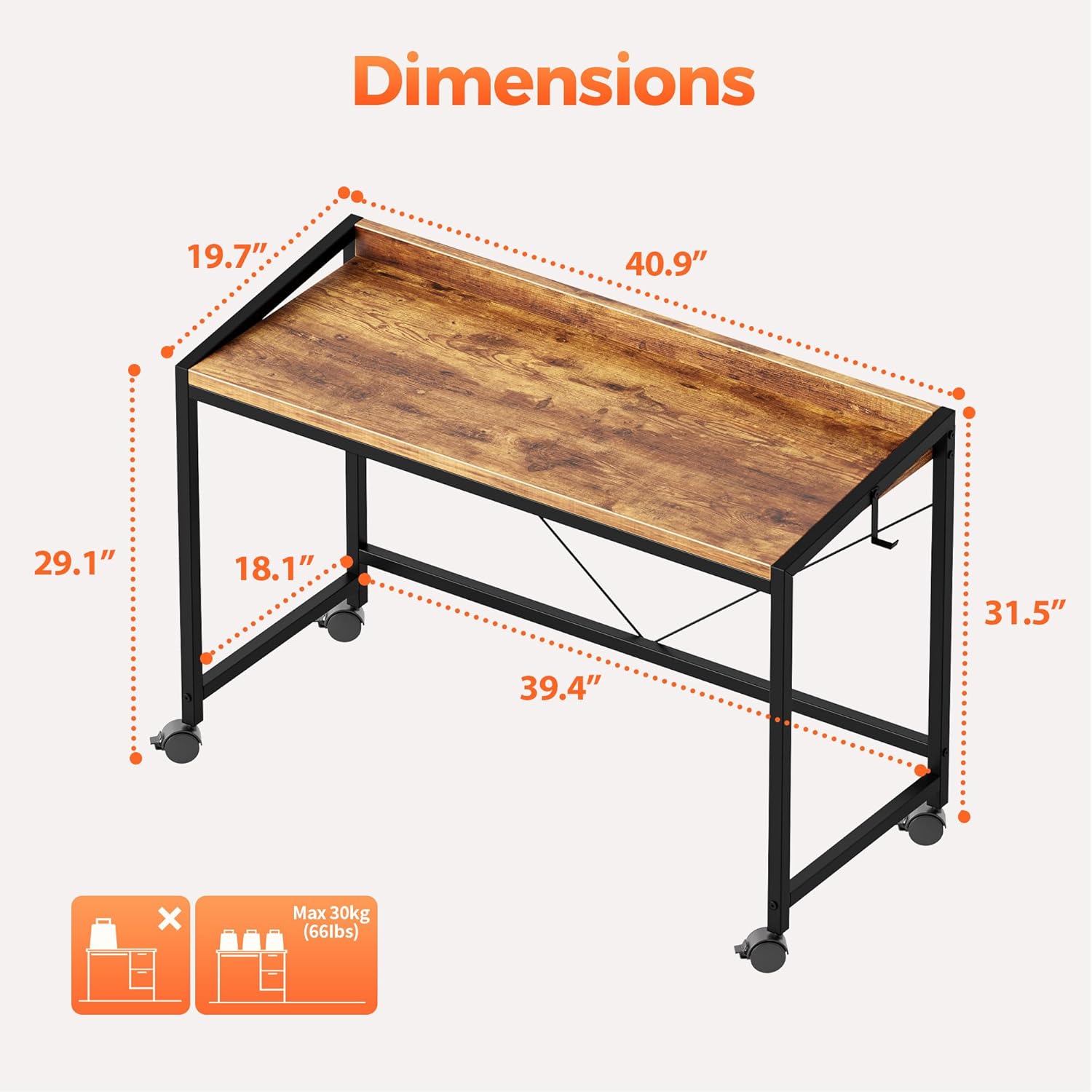 Mericonia 40 inch Rolling Computer Desk with Wheels, Gaming Desk for Small Spaces, Modern Simple Style Table for Home Office, Study Writing Table