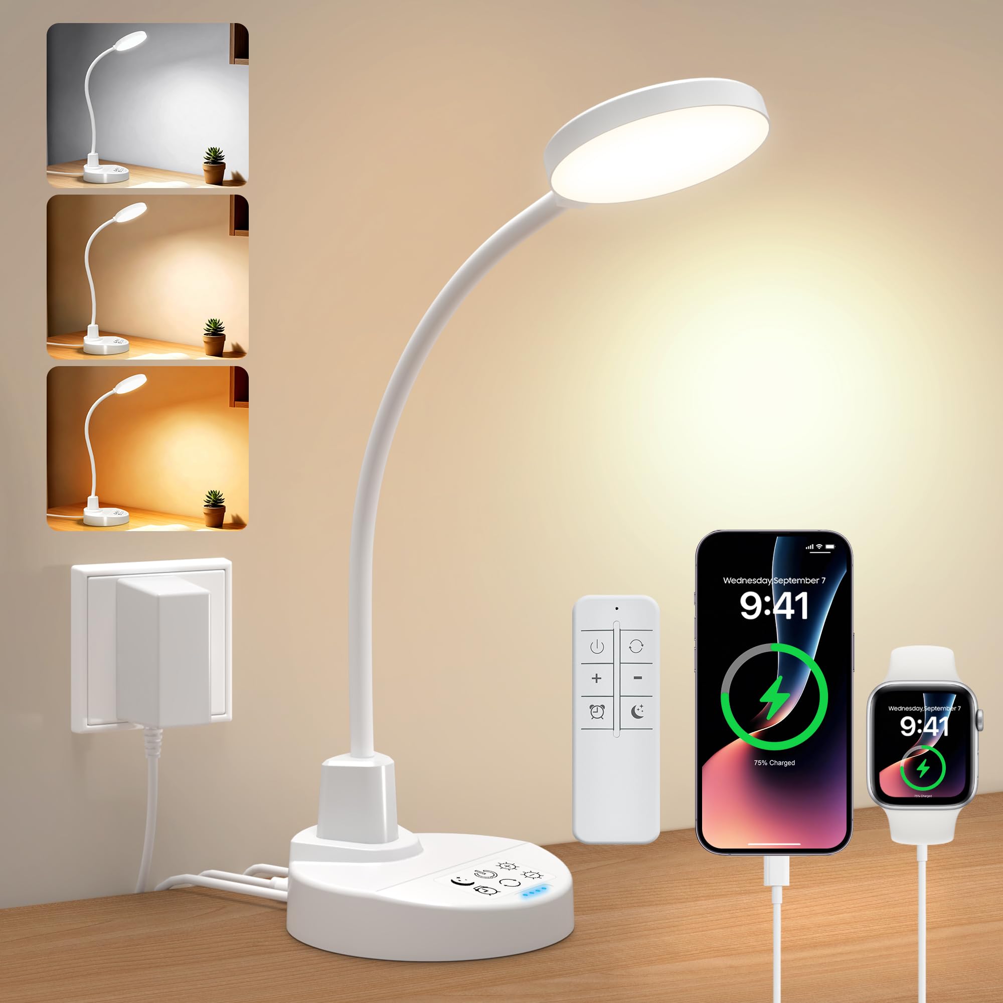 15W LED Desk Lamp with USB Charging Ports, [Button &amp; Remote Control] Dimmable Table Lamp with 3 Color Modes, 5 Brightness Levels, 4 Timers, Flexible Reading Light for Home Office, Bedroom, Kids Study