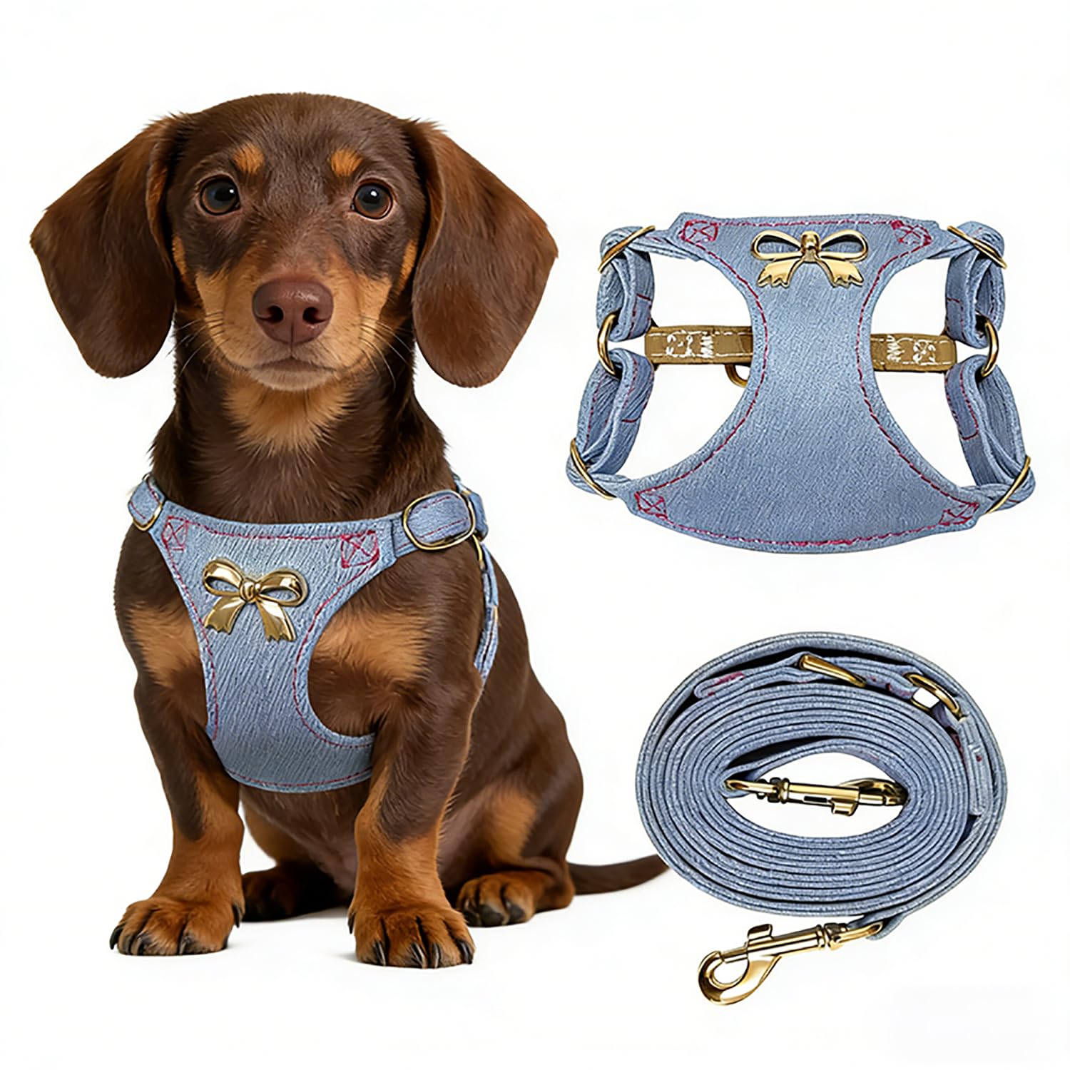 No Pull Dog Harness and Leash Set for Small Sized Dog Training Puppy Harnesses with Multifunction Dog Leash Soft Adjustable Denim No Choke Escape Proof Pet Harness for Small and Medium Dog (Blue XXS)