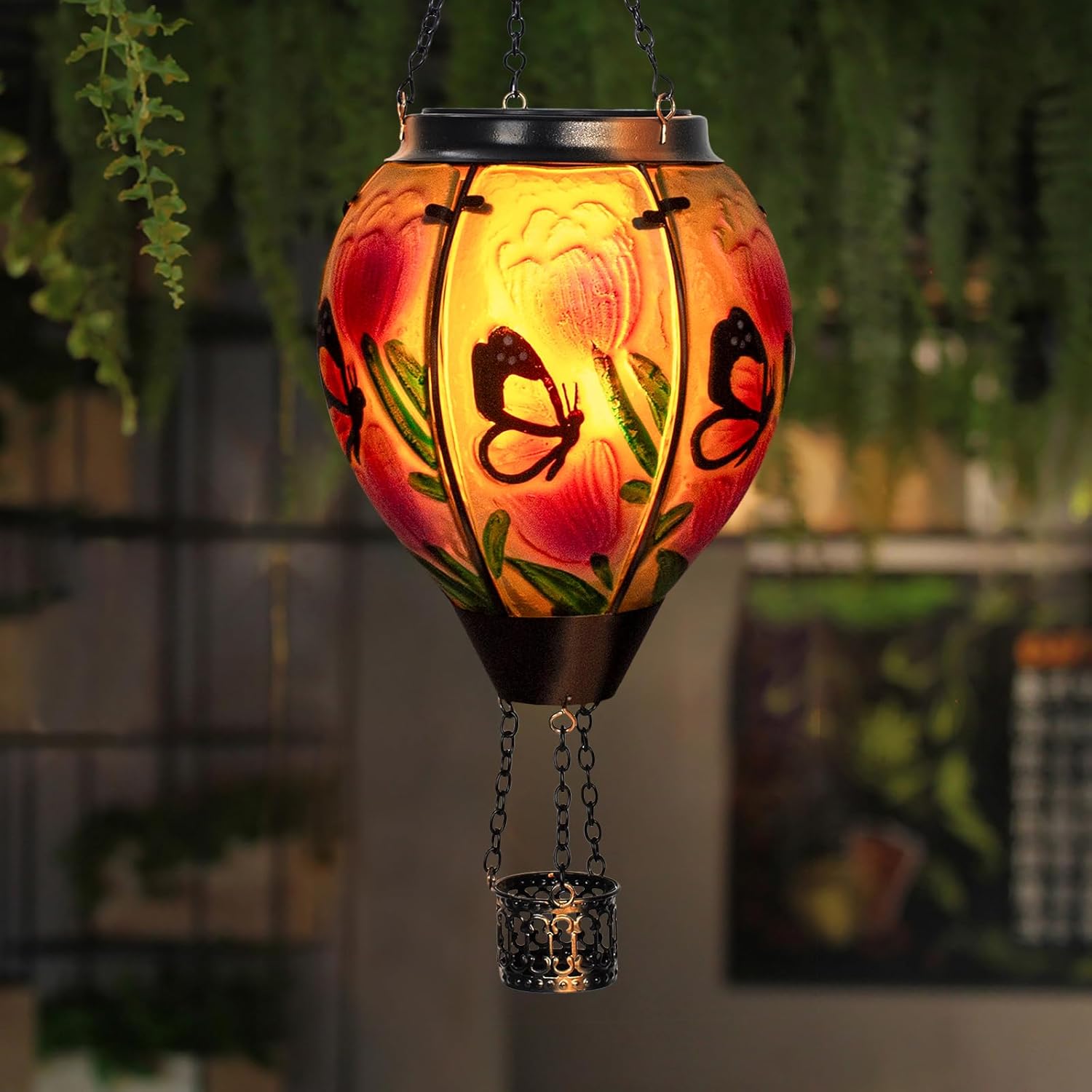 Butterfly Flower Solar Hot Air Balloon Lantern with Flame, Glass Balloon Lantern Outdoor Waterproof Lights, Hanging Solar Lights for Outside Garden Patio Porch Tree Yard Gift for Mom