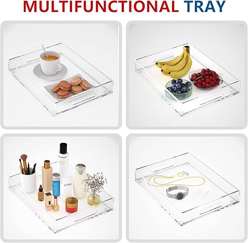 Miniatura 3 de Bandeja de acrílico para servir con asas, bandeja decorativa de 16 x 12 x 2.36 pulgadas, bandeja organizadora para mesa de café otomana, transparente